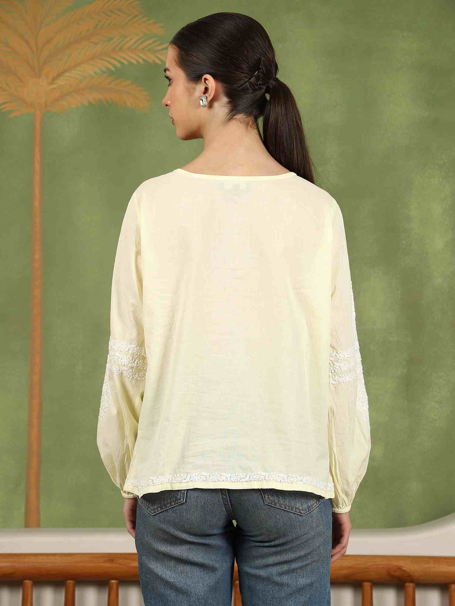 Aria Chikankari Top with White Thread & Balloon Sleeves – Yellow