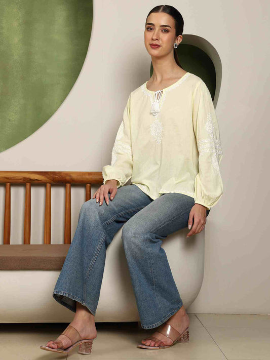 Aria Chikankari Top with White Thread & Balloon Sleeves – Yellow