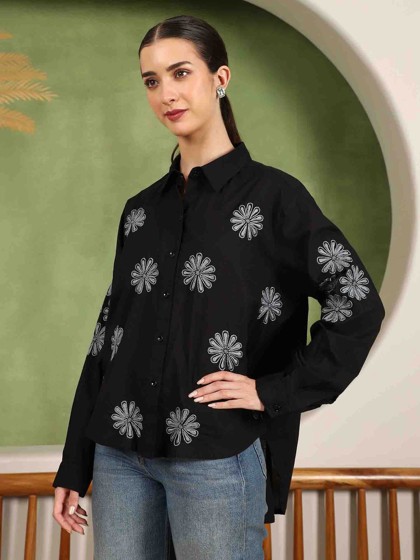 Floret Chikankari Shirt with Grey Boota – Spread Collar