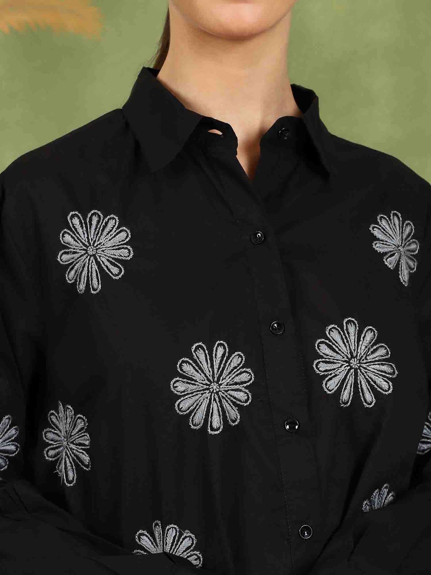 Floret Chikankari Shirt with Grey Boota – Spread Collar