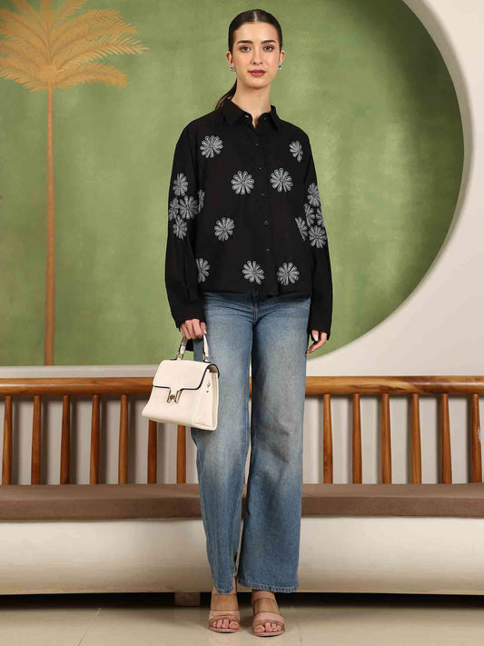 Floret Chikankari Shirt with Grey Boota – Spread Collar