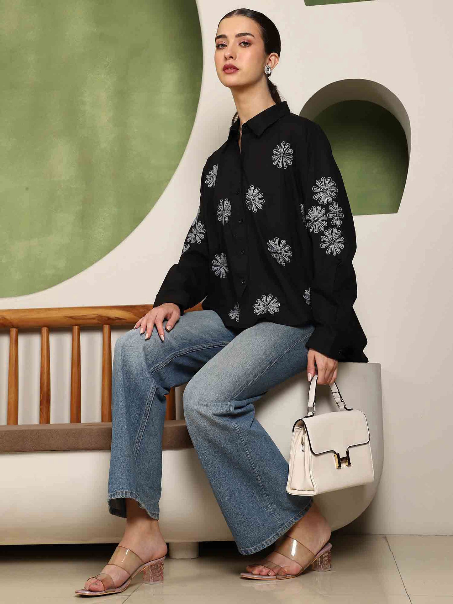 Floret Chikankari Shirt with Grey Boota – Spread Collar