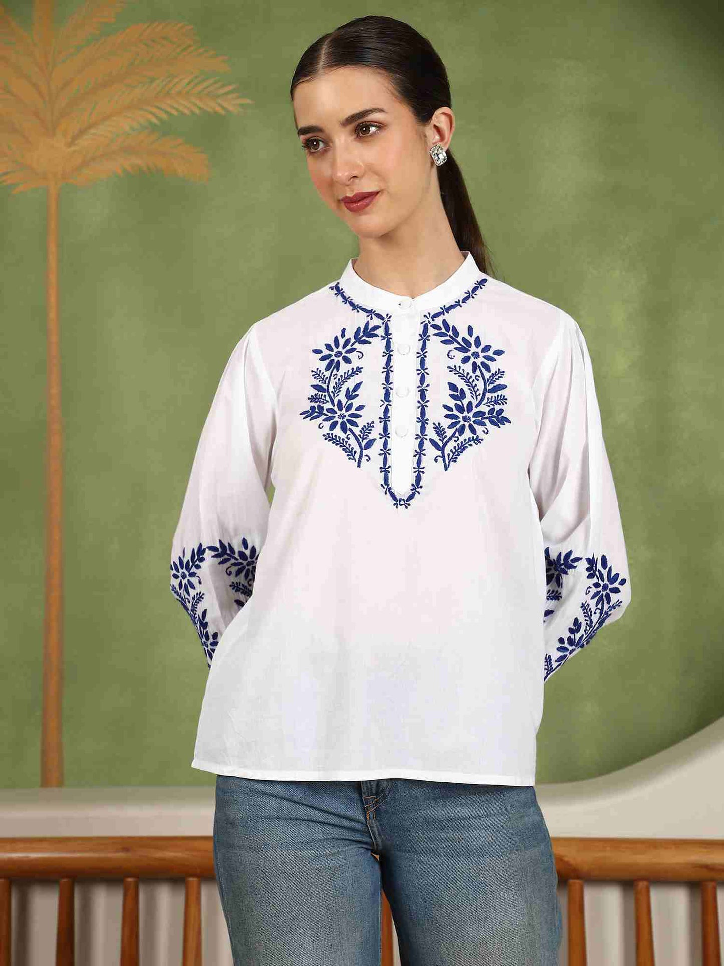 Freya Chikankari Top with Royal Blue Boota – white