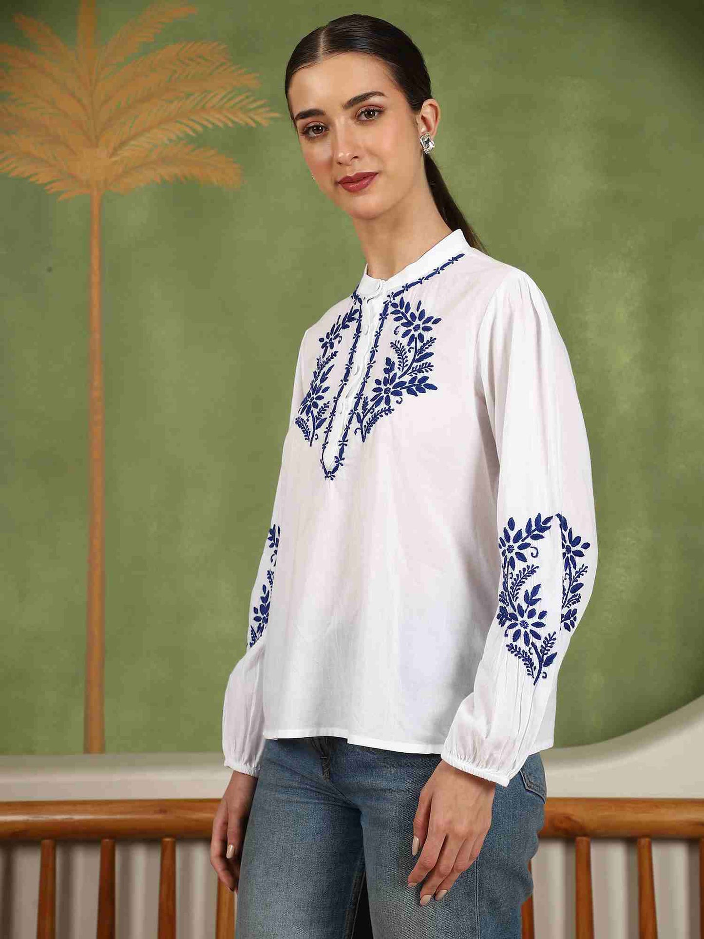Freya Chikankari Top with Royal Blue Boota – white