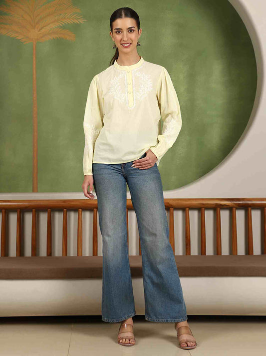 Freya  Chikankari Top with White Boota – Yellow