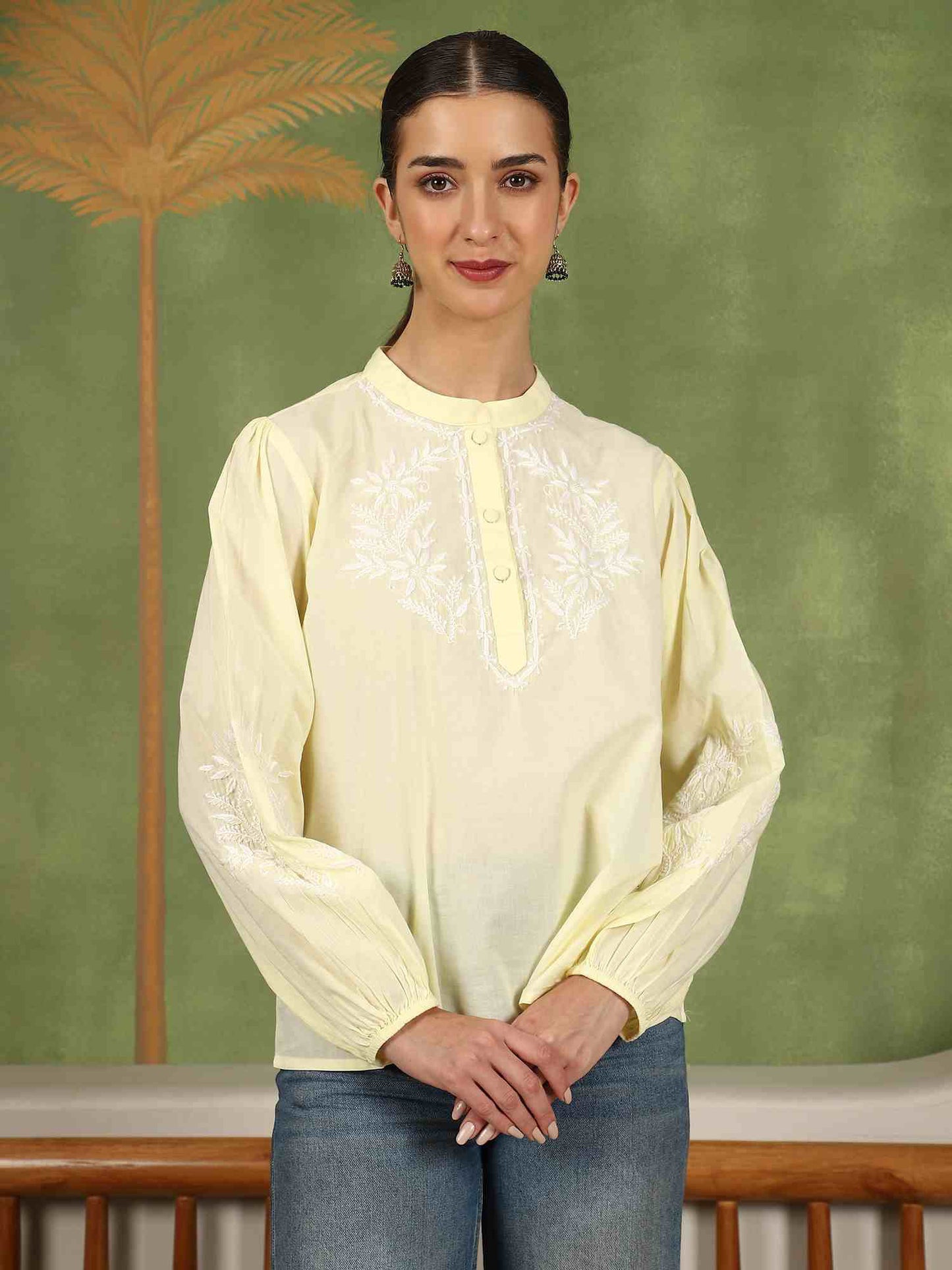 Freya  Chikankari Top with White Boota – Yellow