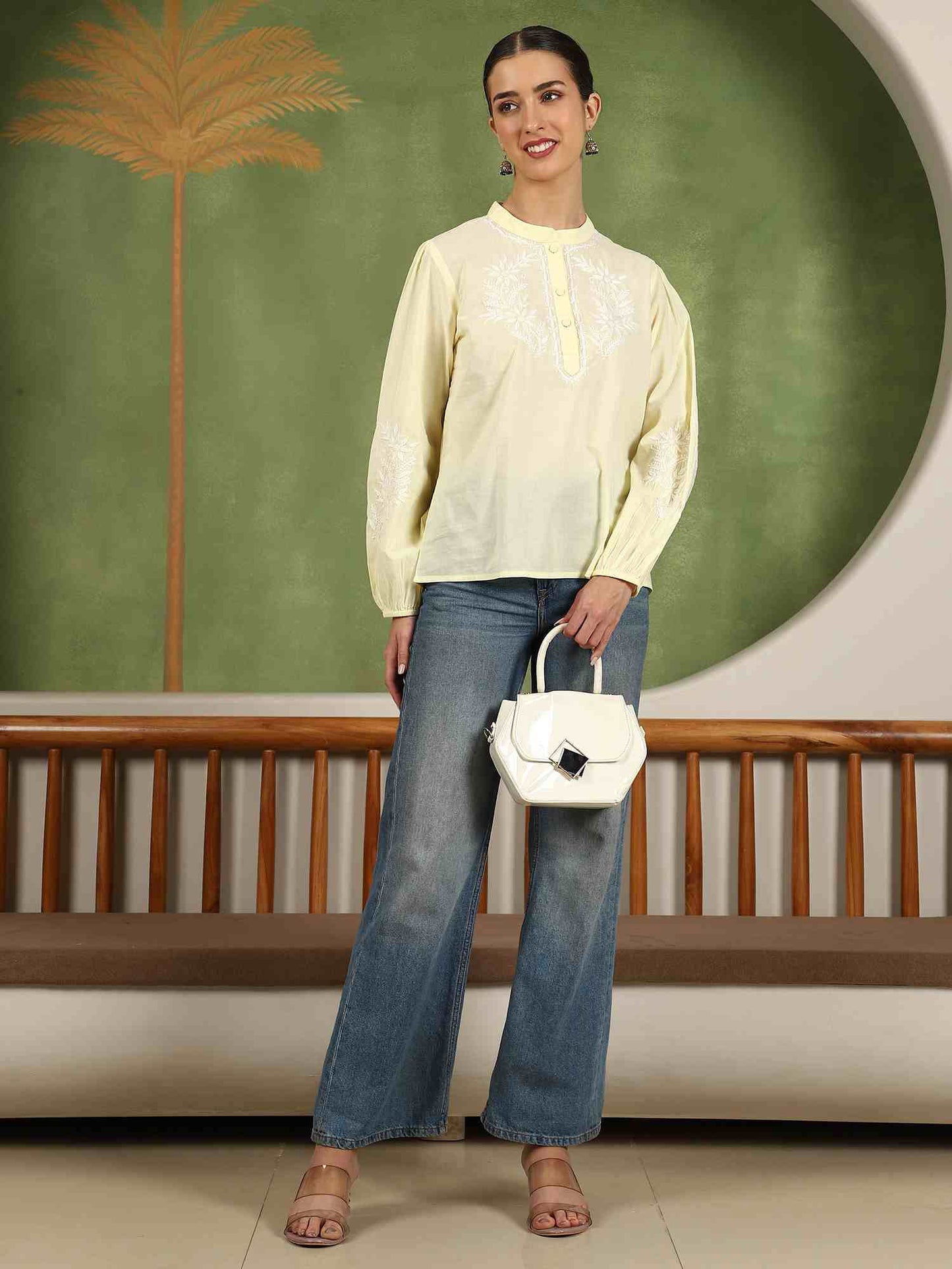 Freya  Chikankari Top with White Boota – Yellow