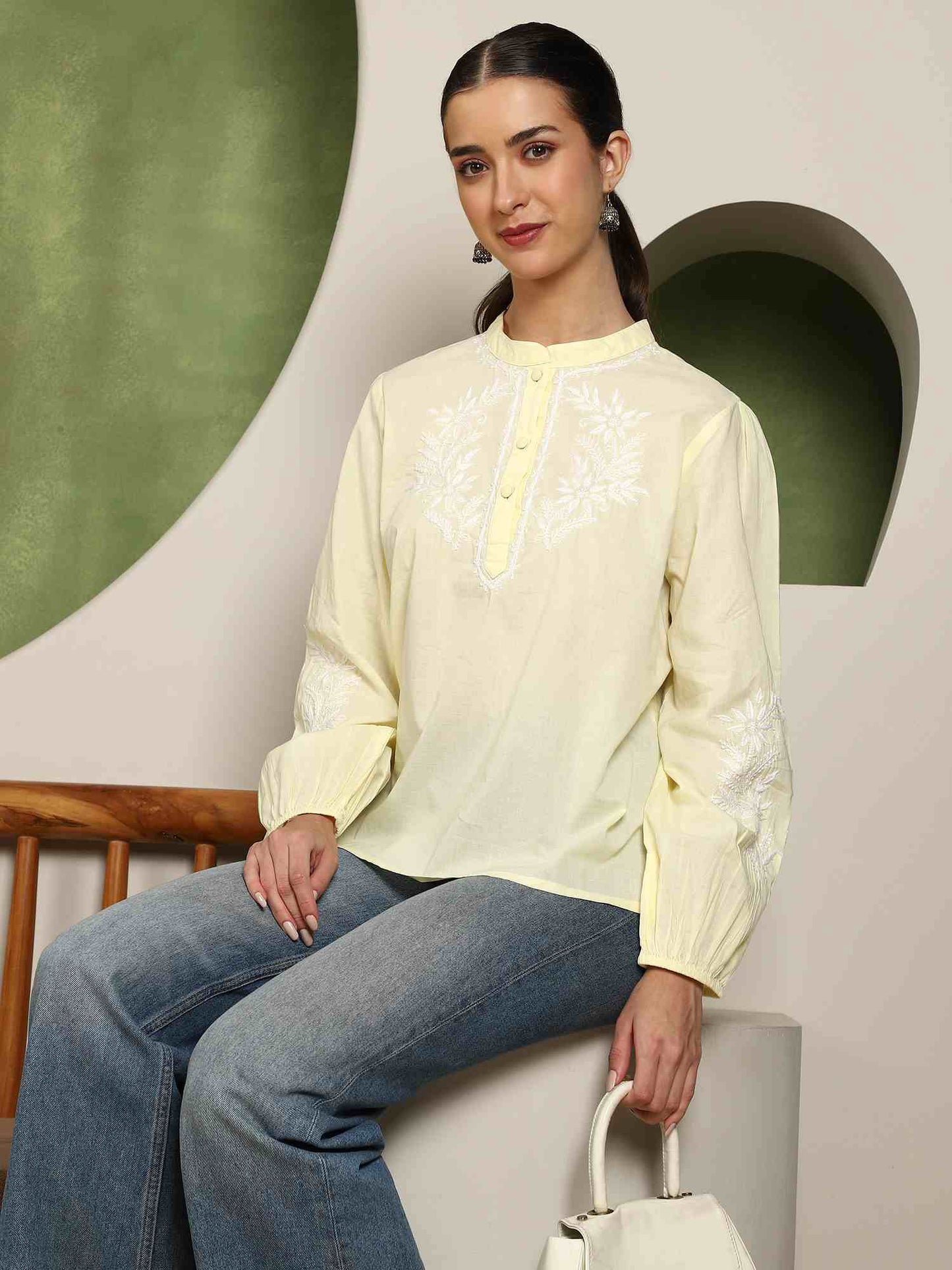Freya  Chikankari Top with White Boota – Yellow