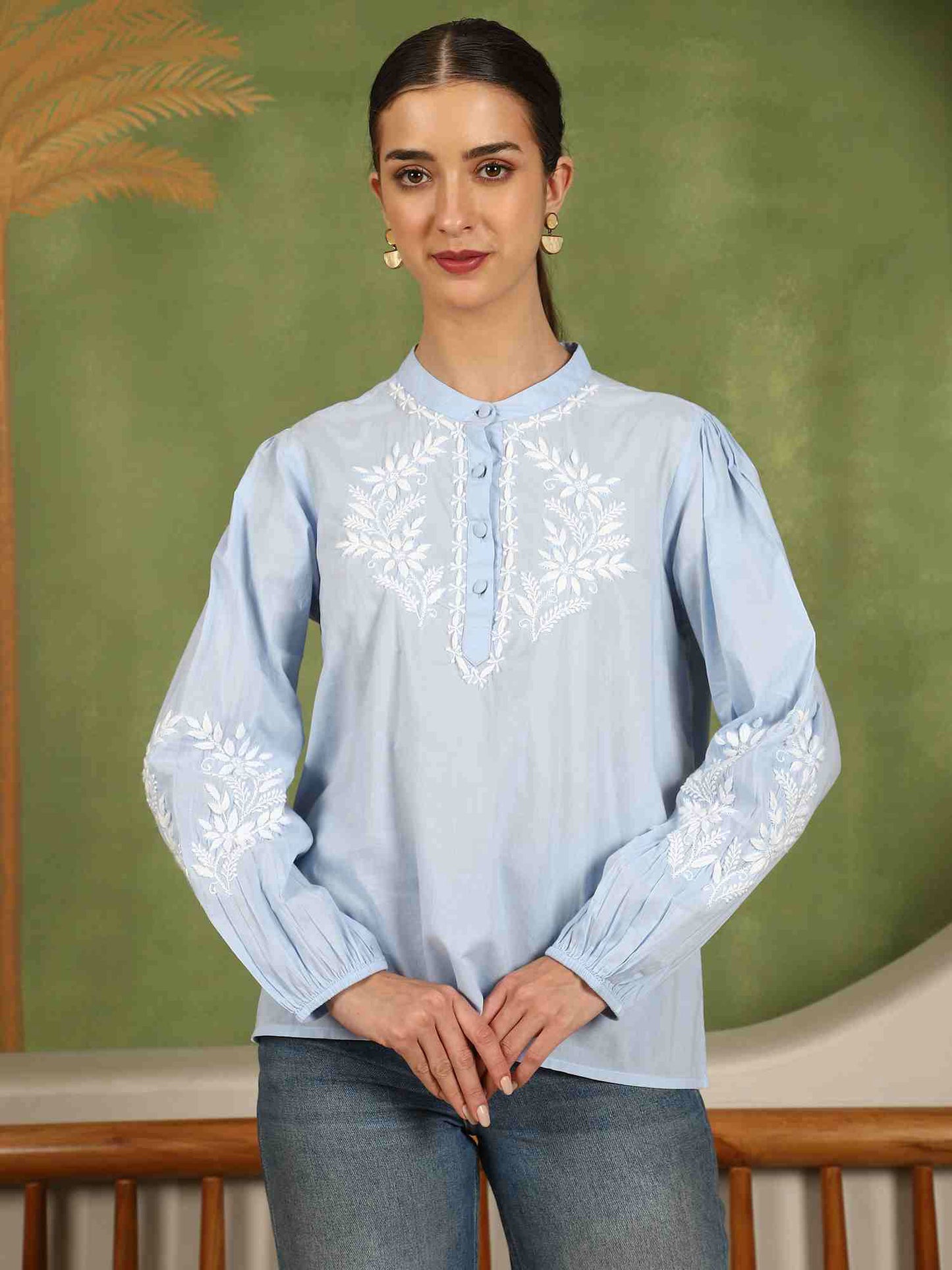 Freya Chikankari Top with White Boota – Blue