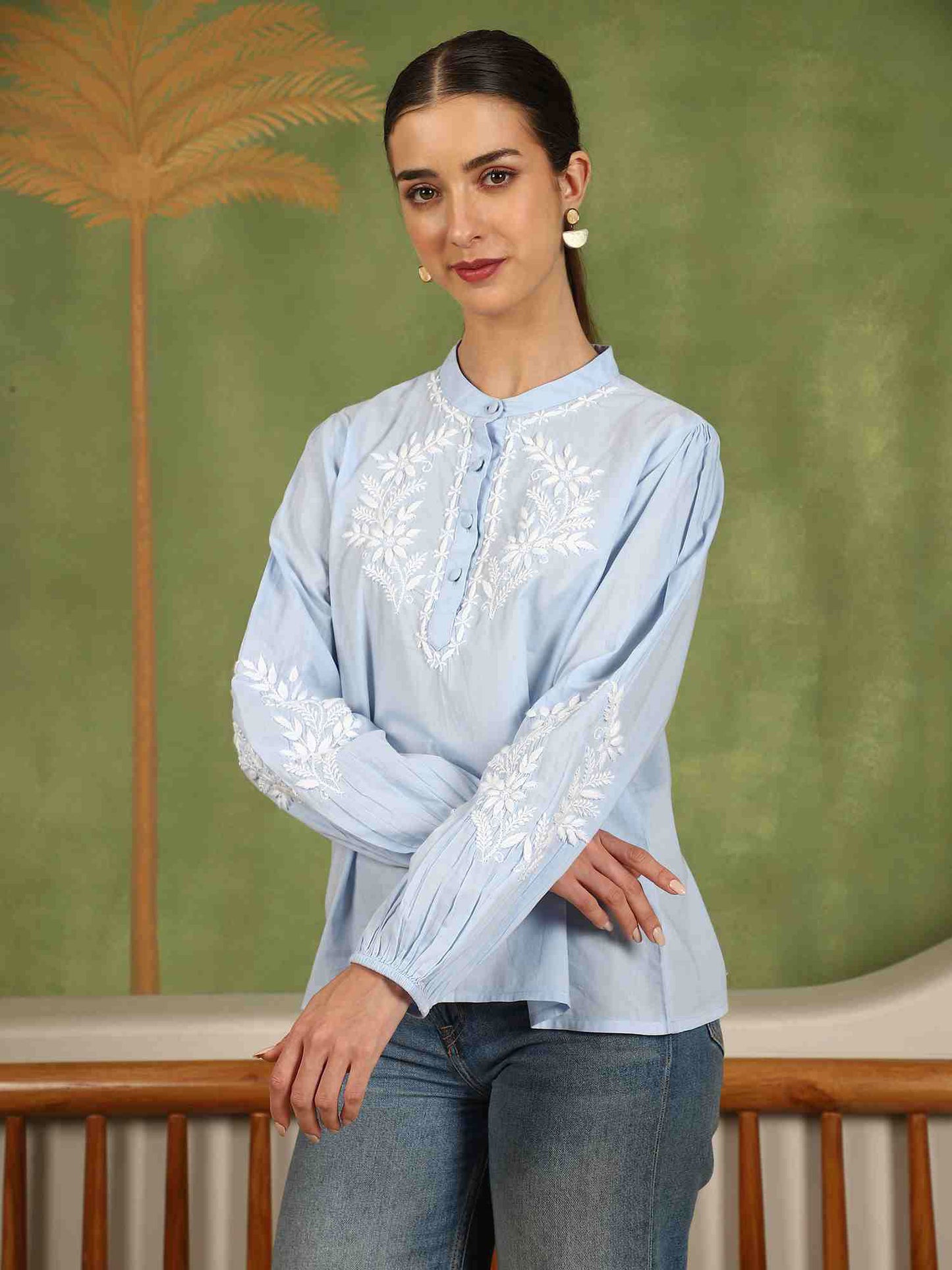Freya Chikankari Top with White Boota – Blue
