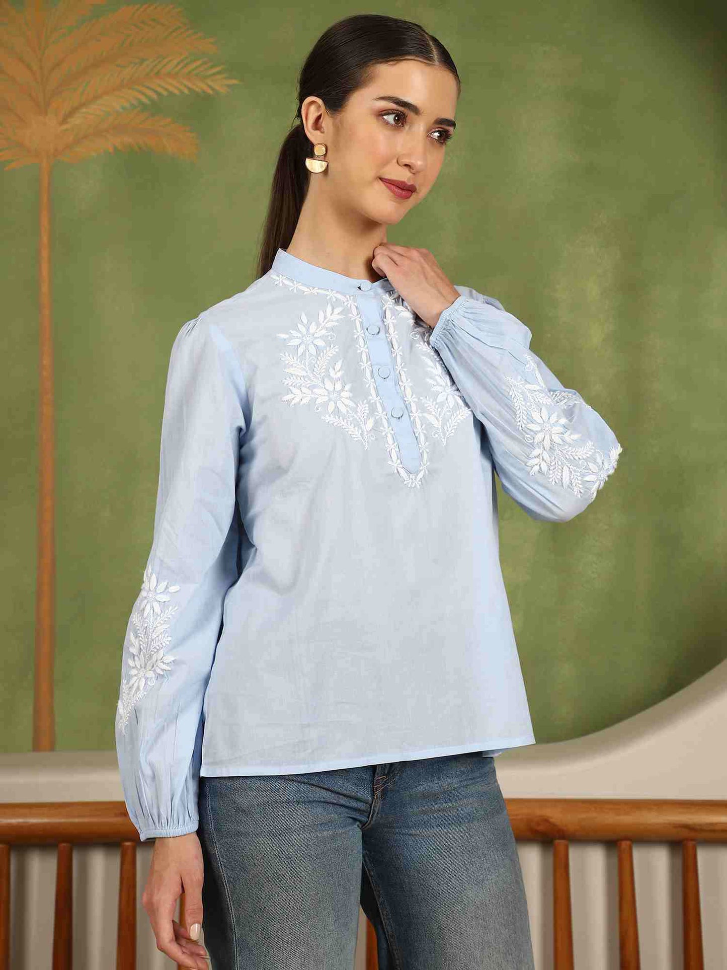 Freya Chikankari Top with White Boota – Blue