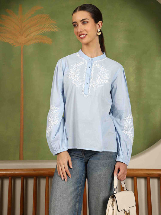 Freya Chikankari Top with White Boota – Blue