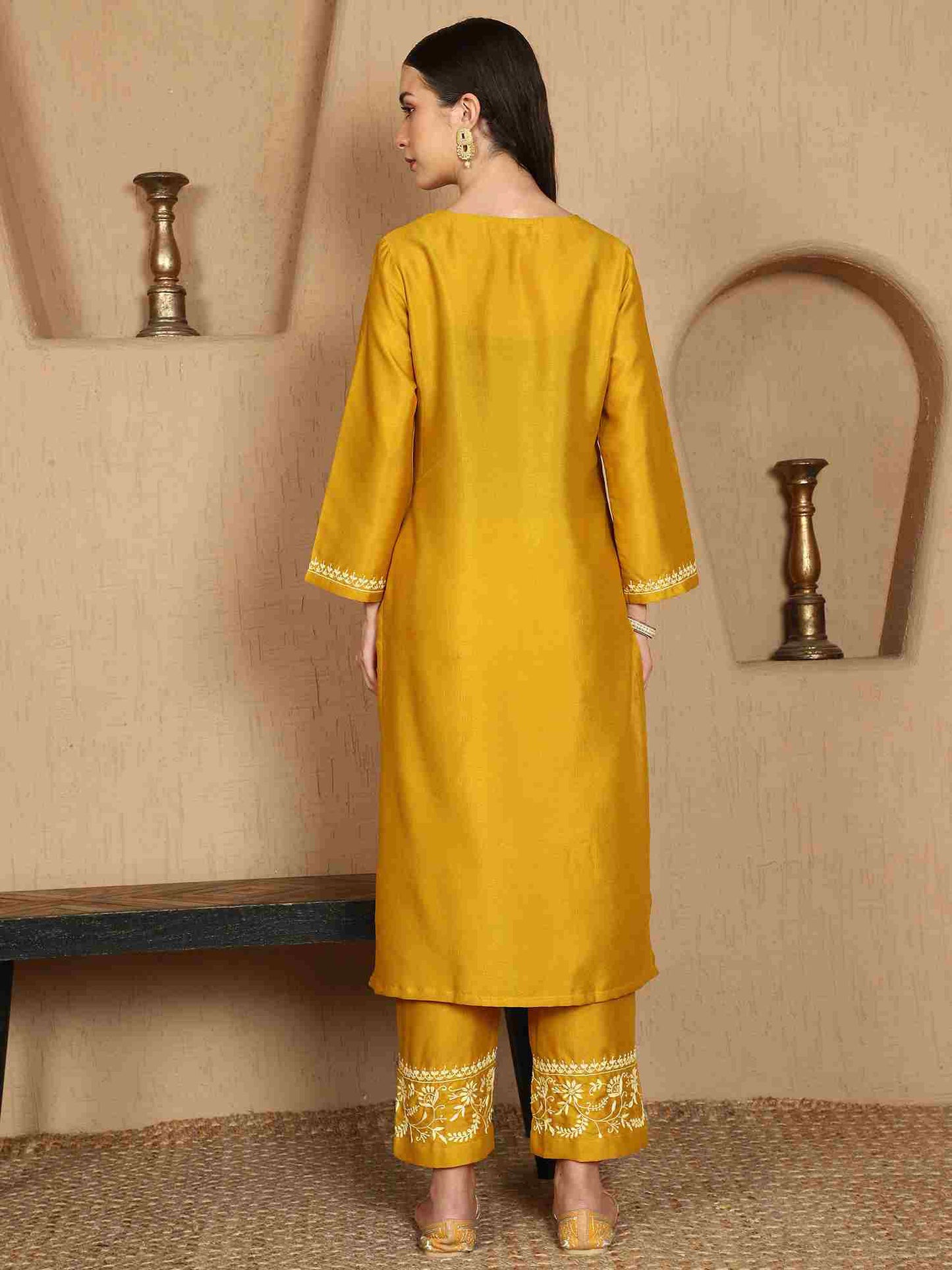 Janhvi Yellow Chikankari Kurta Set with Butter Yellow Border – Notch Neck