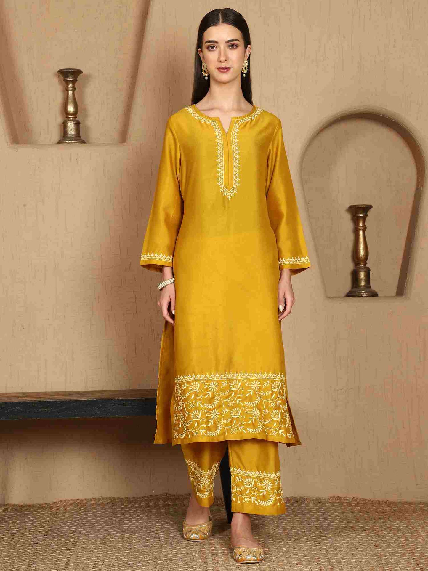 Janhvi Yellow Chikankari Kurta Set with Butter Yellow Border – Notch Neck