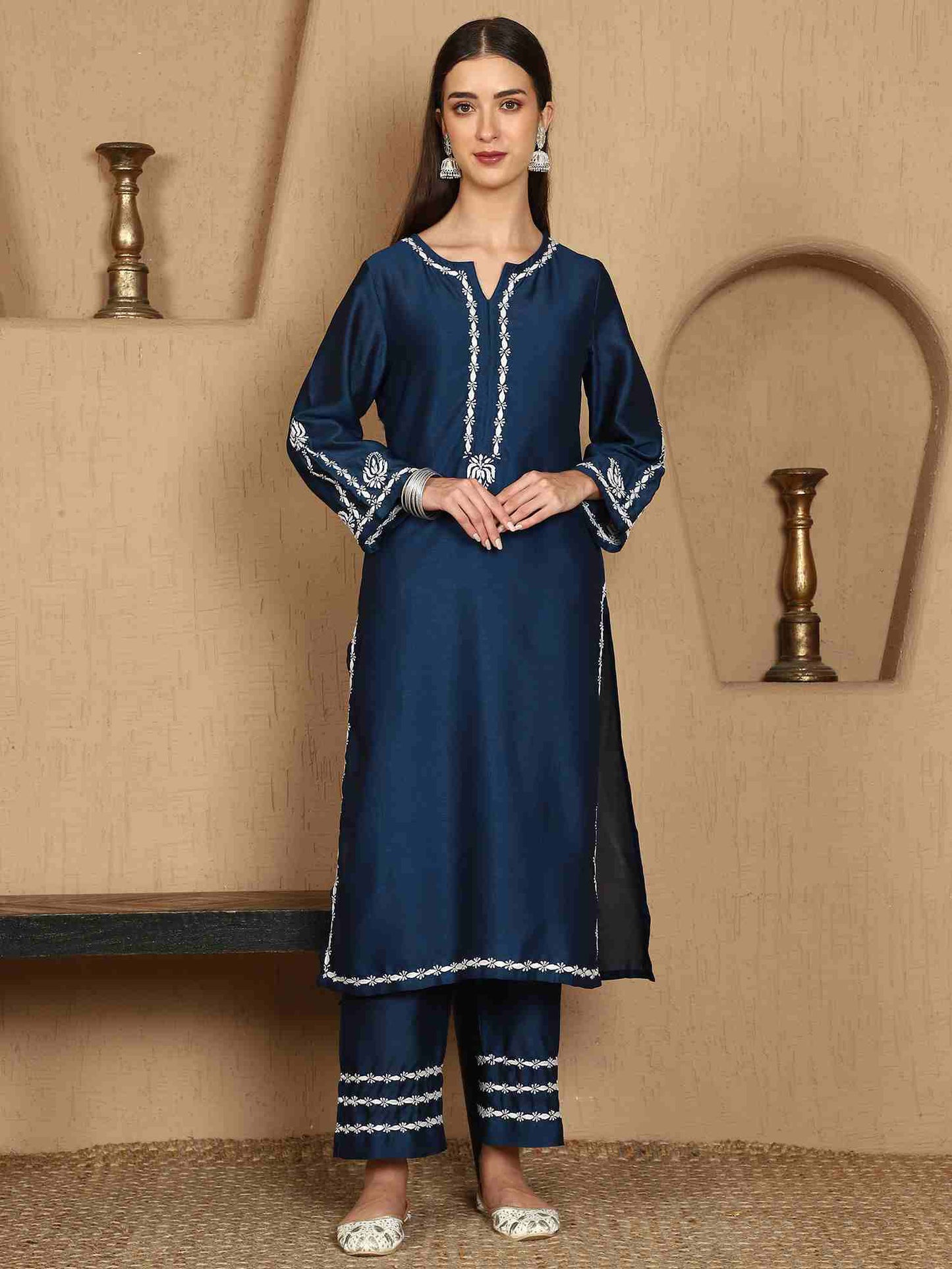 Kiara Blue Chikankari Kurta Set with White Thread – Notch Neck