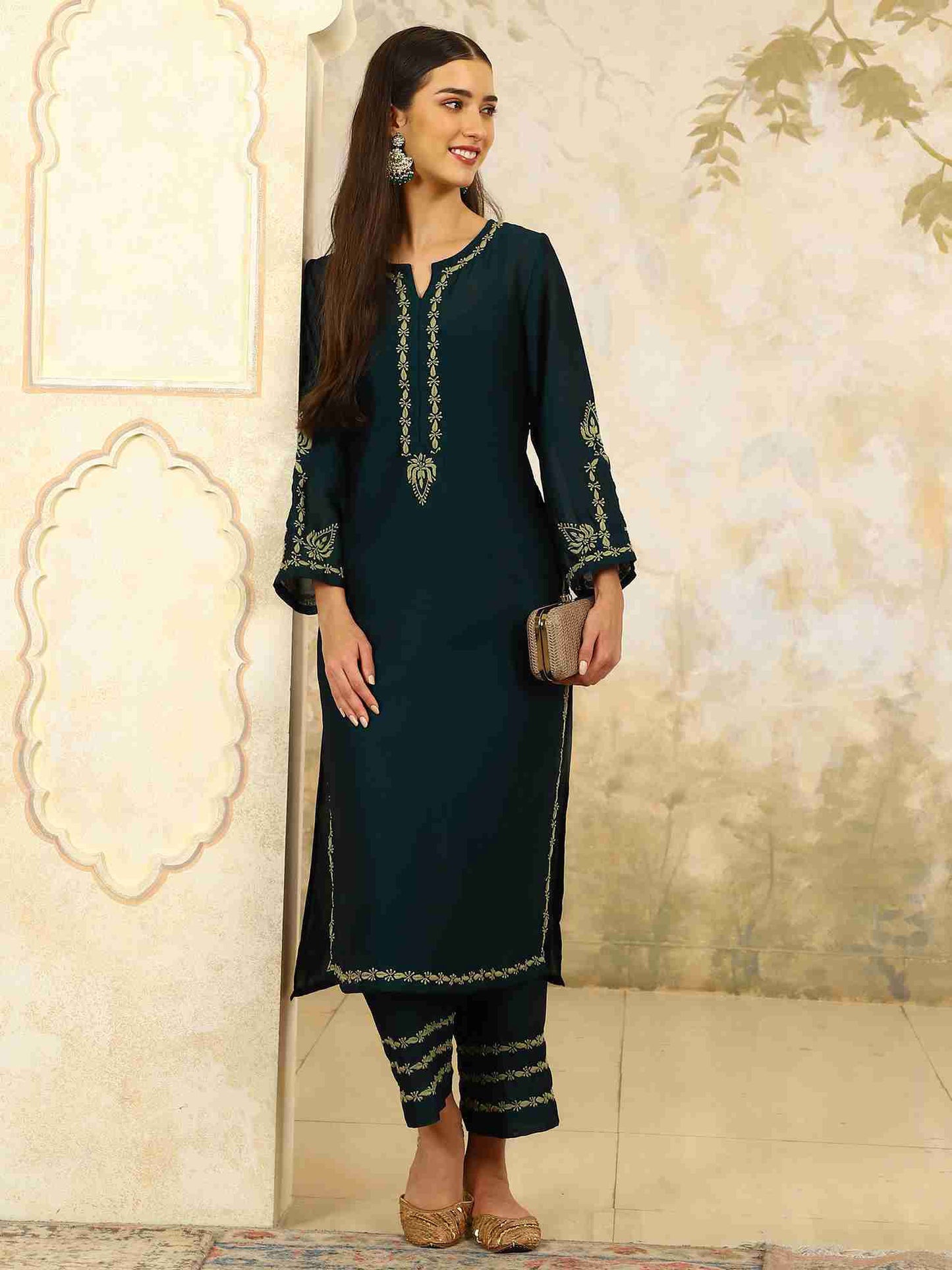 Urvi Green Chikankari Kurta Set – Notch Neck