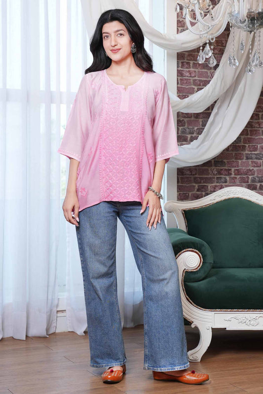 Soha Muslin Chikankari Kurti – Pink Ombre