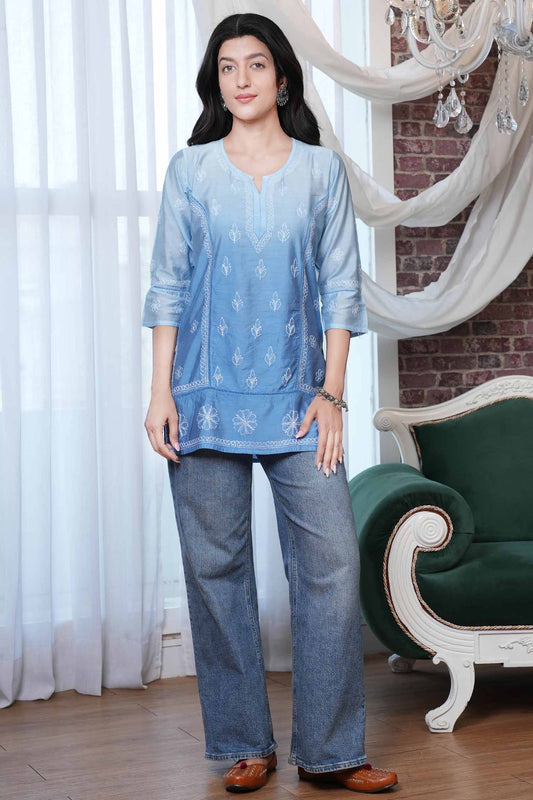 Akasa Chanderi Chikankari Kurti – Blue Ombre