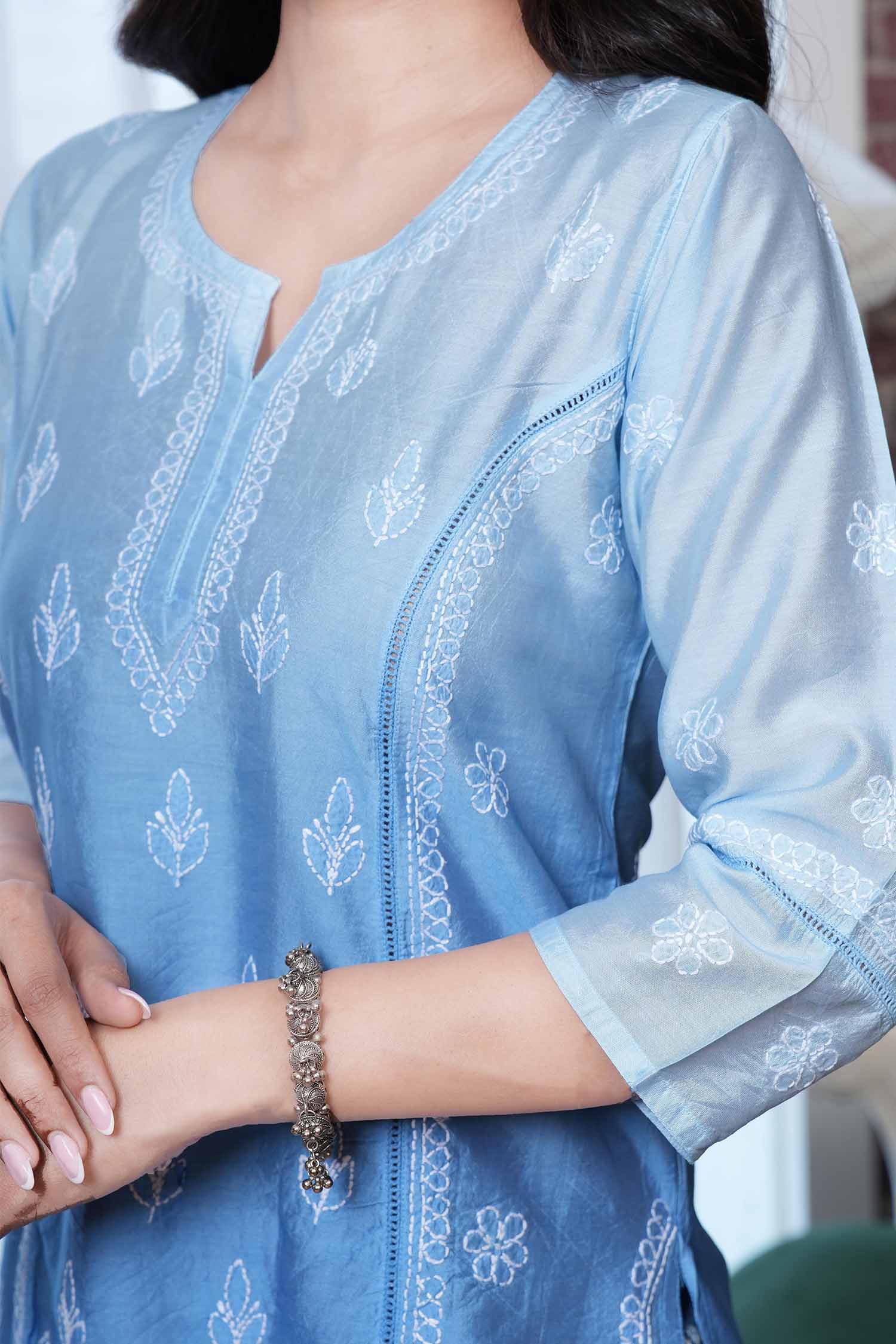 Akasa Chanderi Chikankari Kurti – Blue Ombre