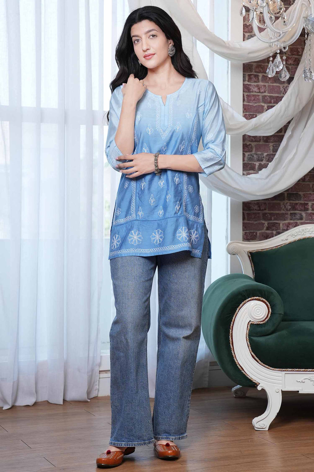 Akasa Chanderi Chikankari Kurti – Blue Ombre