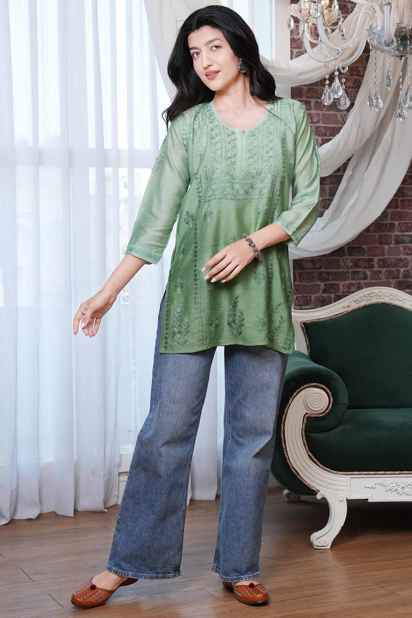 Gulshan Chikankari Short Kurti – Green Ombre