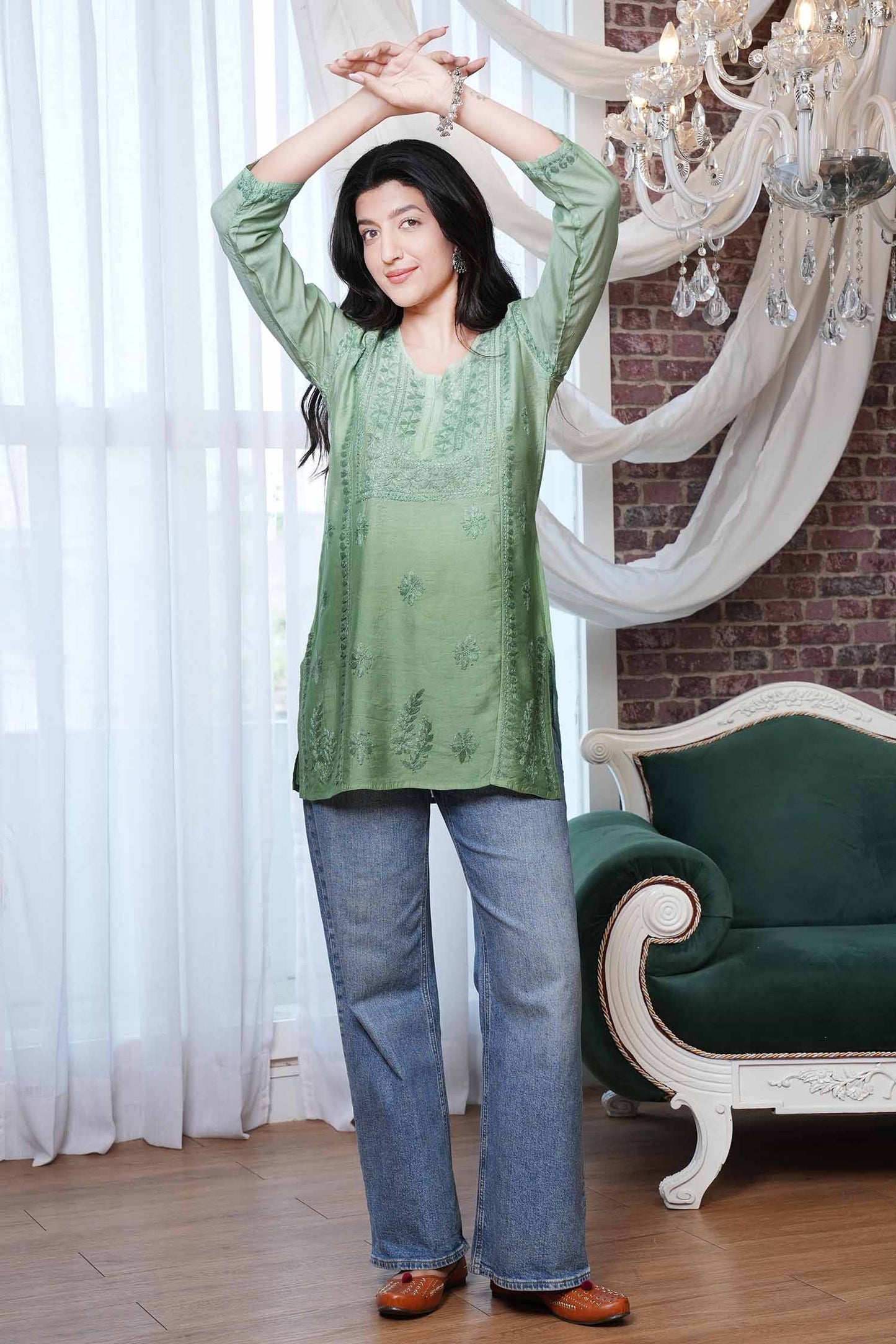 Gulshan Chikankari Short Kurti – Green Ombre