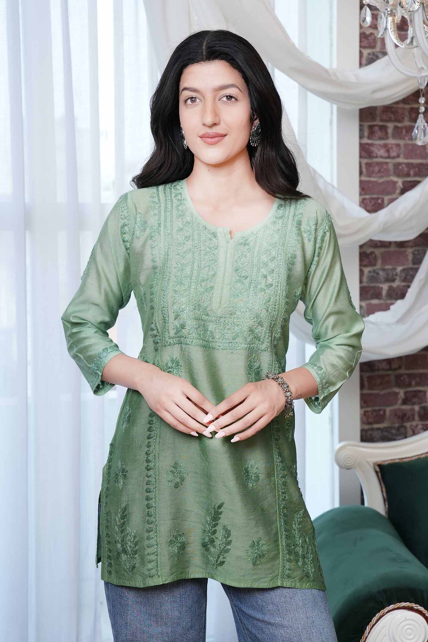 Gulshan Chikankari Short Kurti – Green Ombre