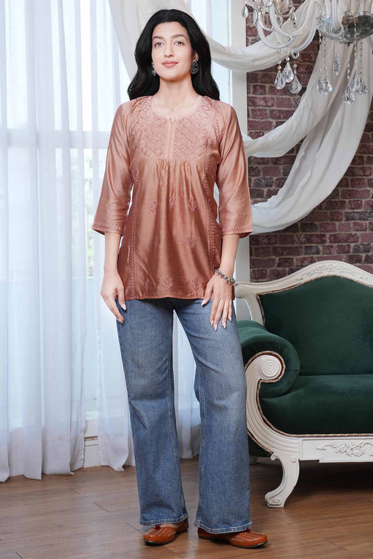 Naira Chanderi Chikankari Kurti – Brown Ombre
