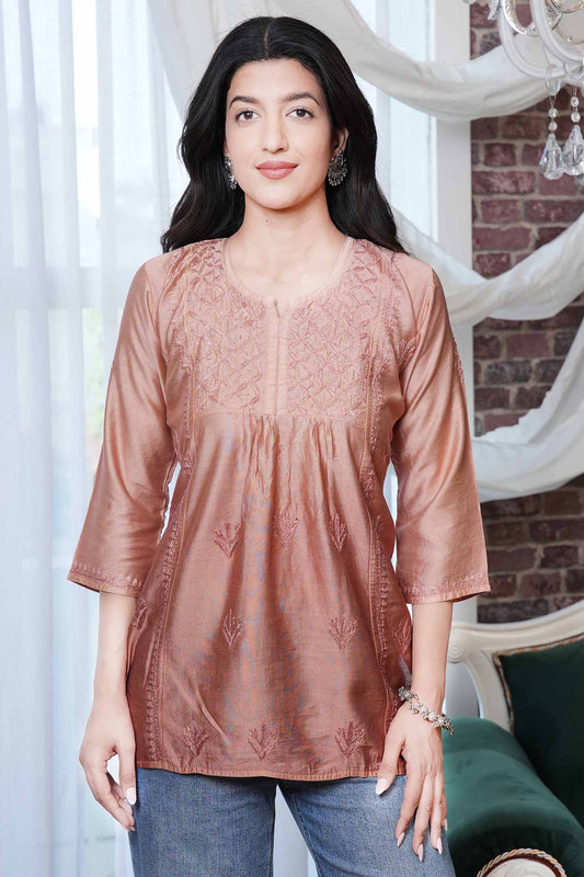 Naira Chanderi Chikankari Kurti – Brown Ombre