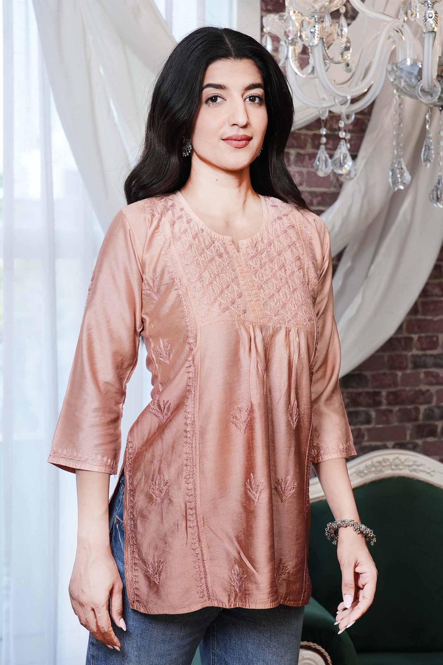 Naira Chanderi Chikankari Kurti – Brown Ombre