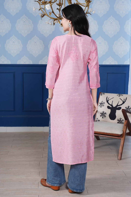 Naisha Chanderi Chikankari Long Kurta – Blush Pink