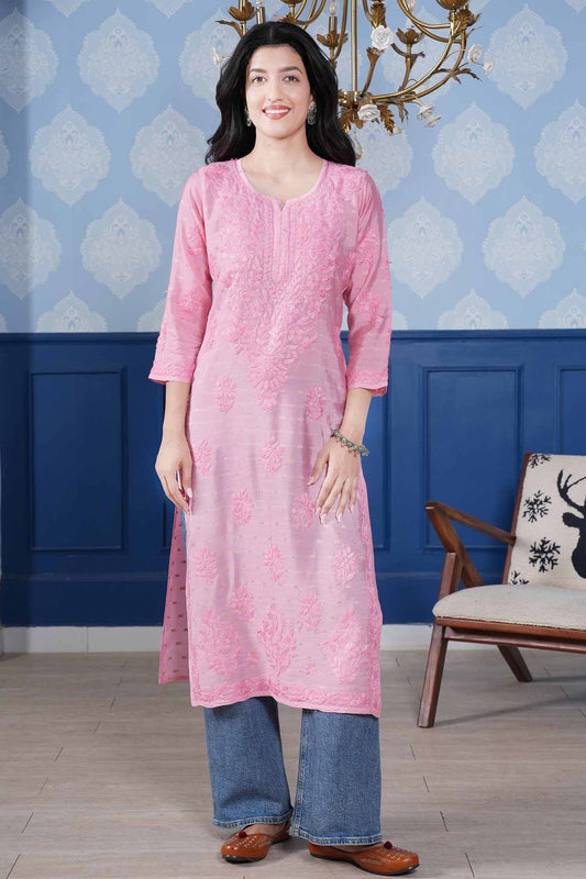 Naisha Chanderi Chikankari Long Kurta – Blush Pink