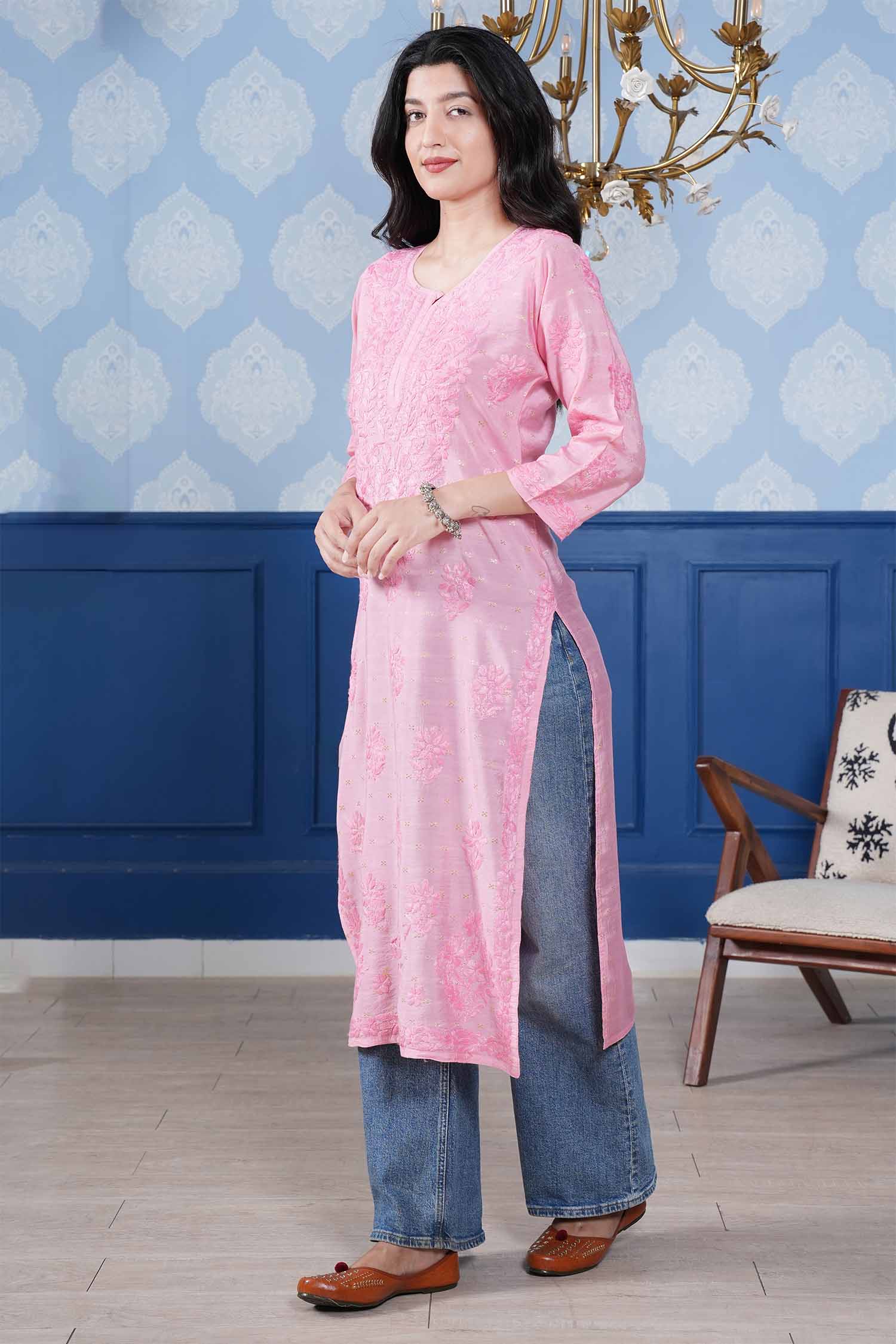 Naisha Chanderi Chikankari Long Kurta – Blush Pink