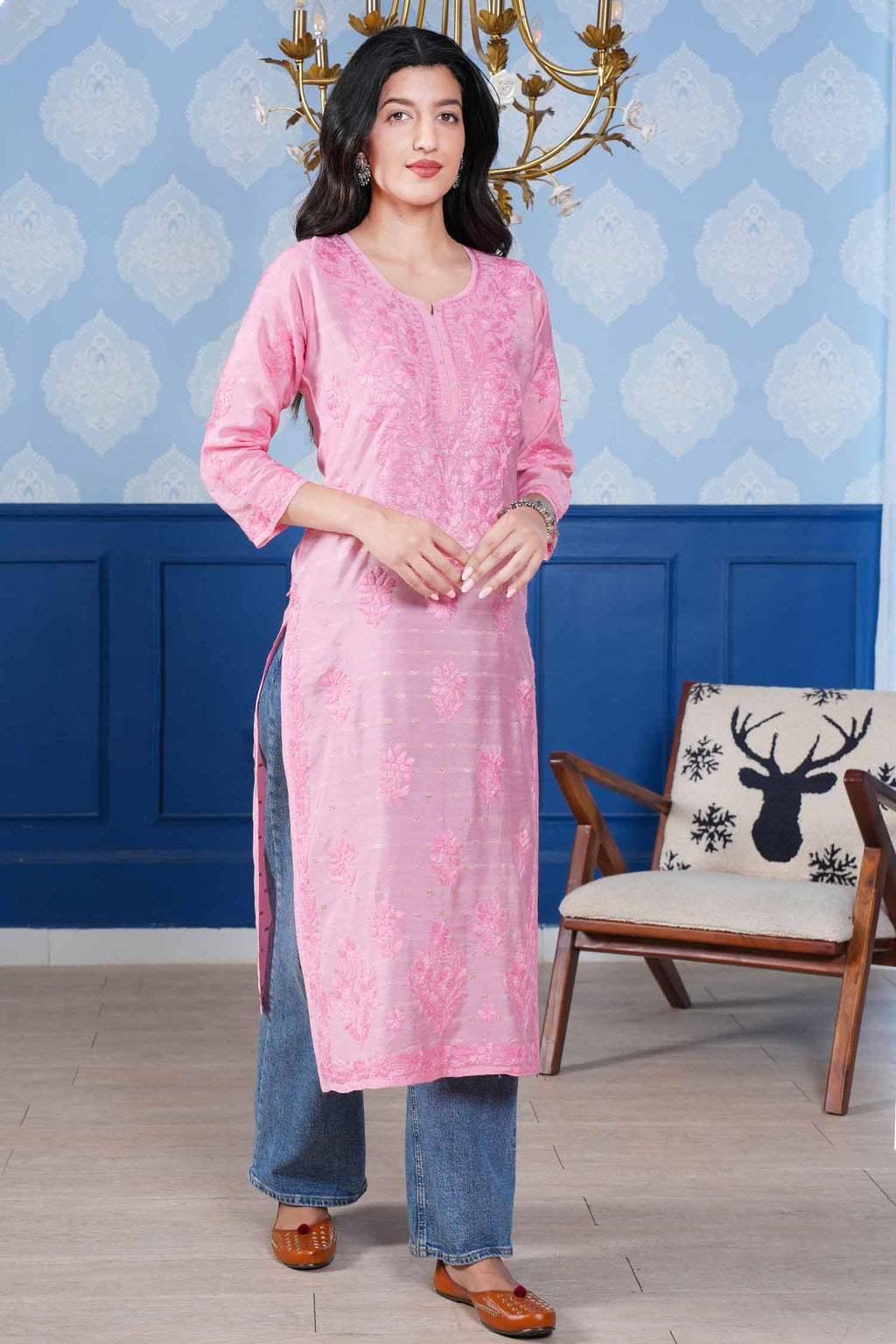 Naisha Chanderi Chikankari Long Kurta – Blush Pink