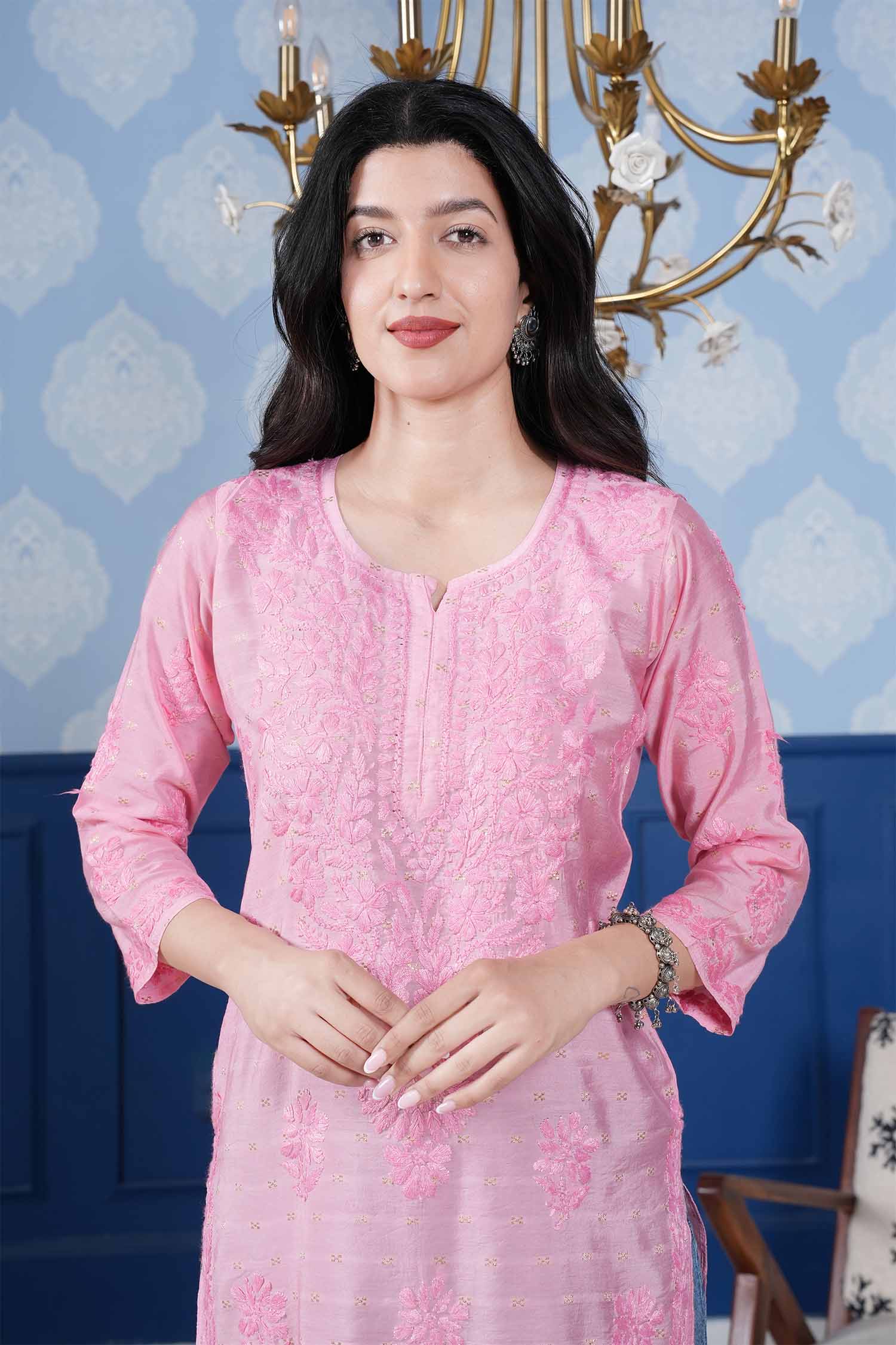 Naisha Chanderi Chikankari Long Kurta – Blush Pink