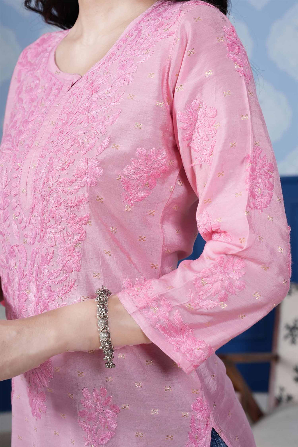 Naisha Chanderi Chikankari Long Kurta – Blush Pink