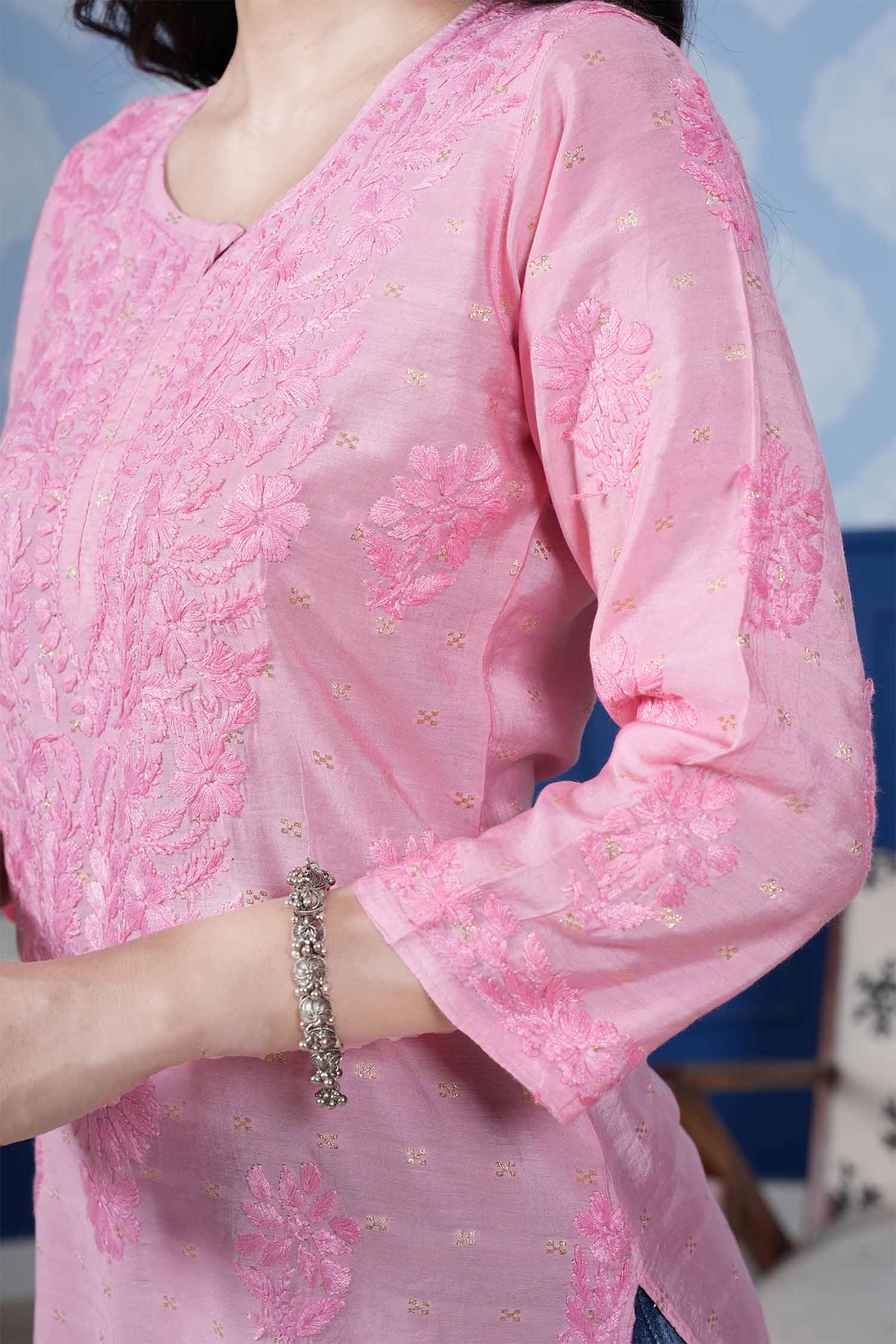 Naisha Chanderi Chikankari Long Kurta – Blush Pink