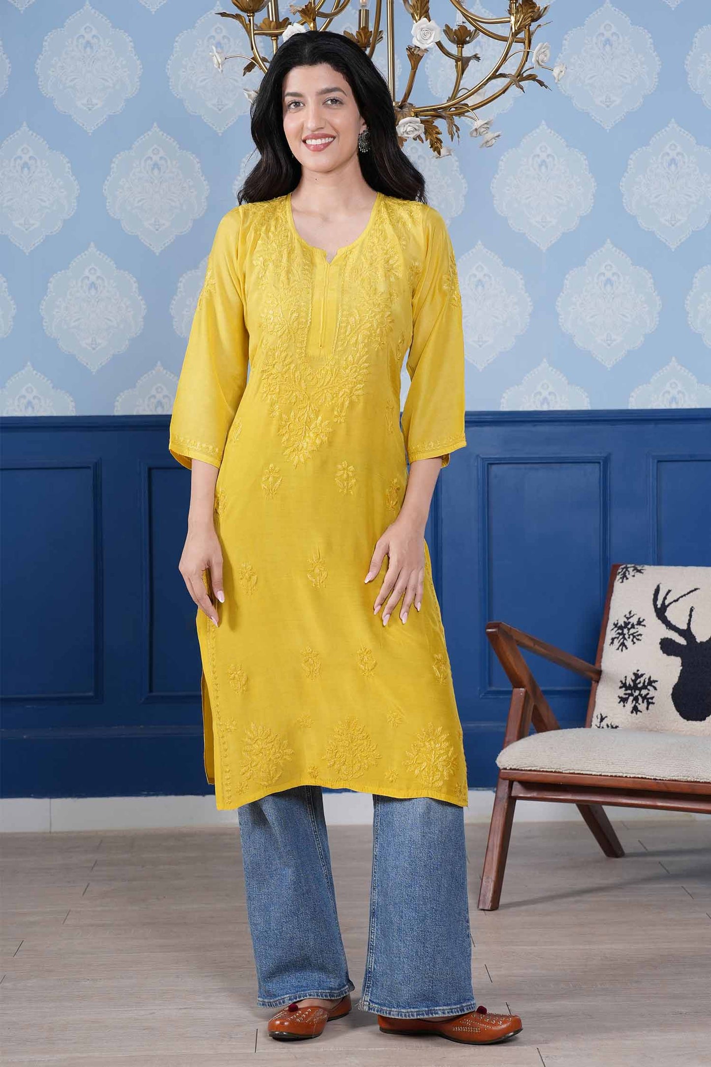 Aranya Chikankari Kurta – Yellow