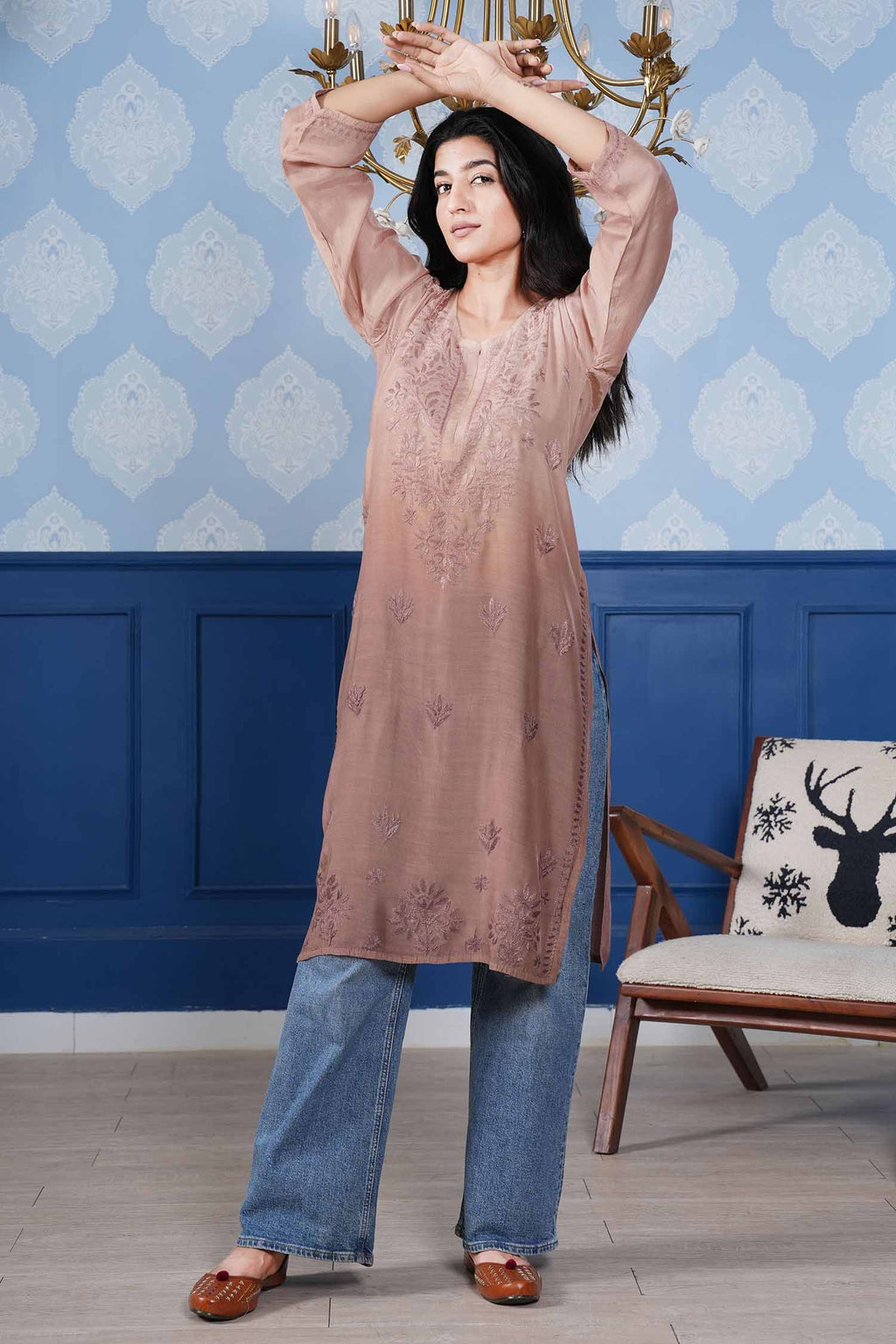 Aranya Chikankari Kurta – Cozy Brown Ombre