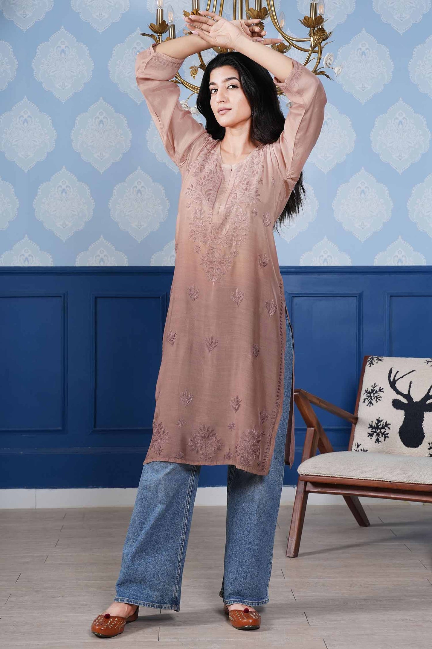 Aranya Chikankari Kurta – Cozy Brown Ombre