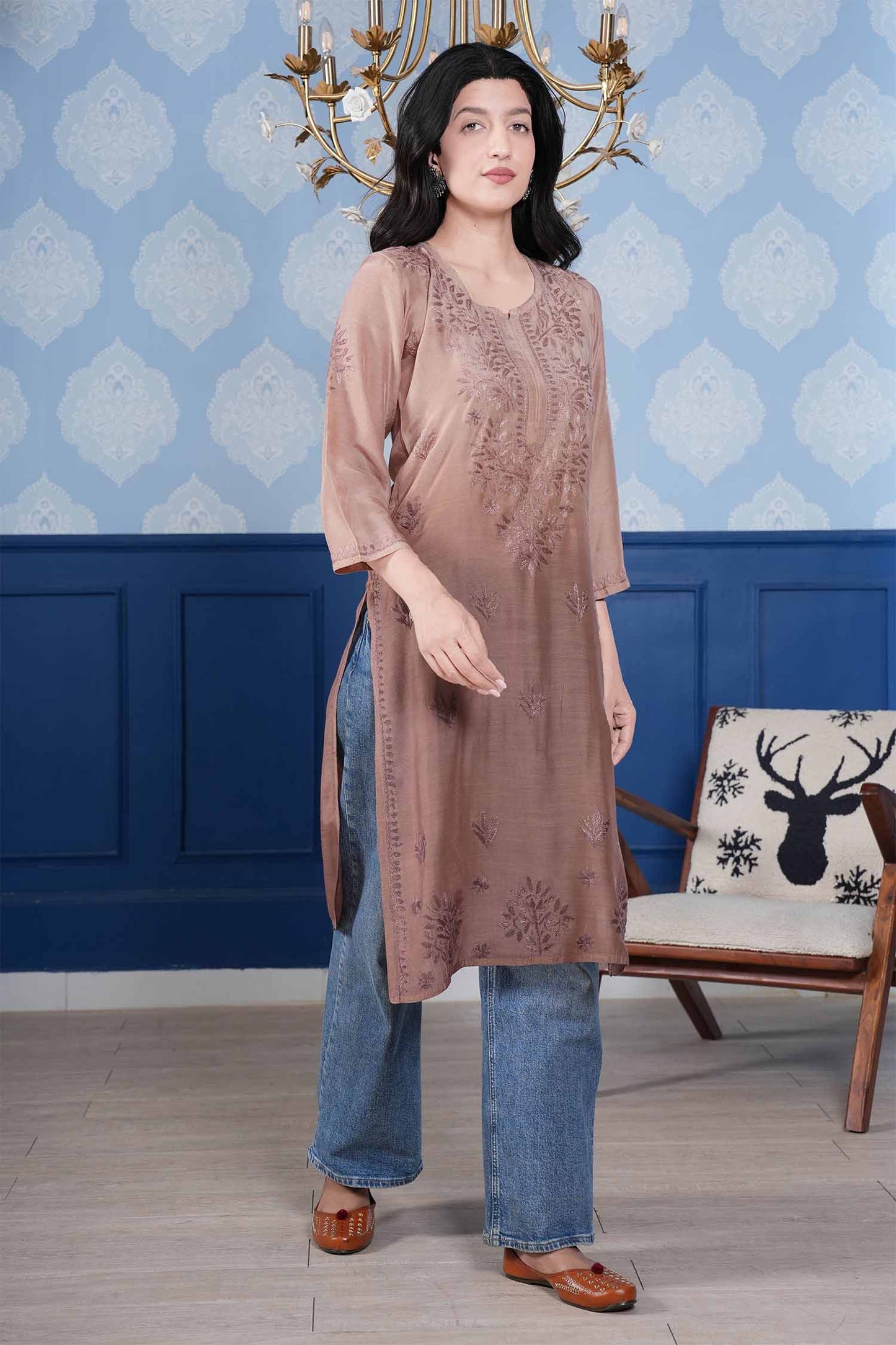 Aranya Chikankari Kurta – Cozy Brown Ombre