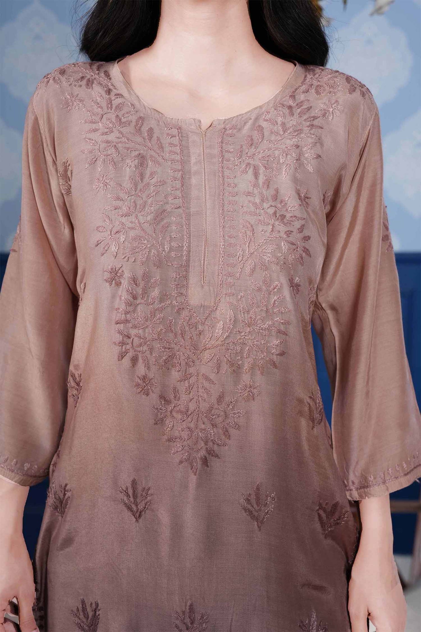 Aranya Chikankari Kurta – Cozy Brown Ombre