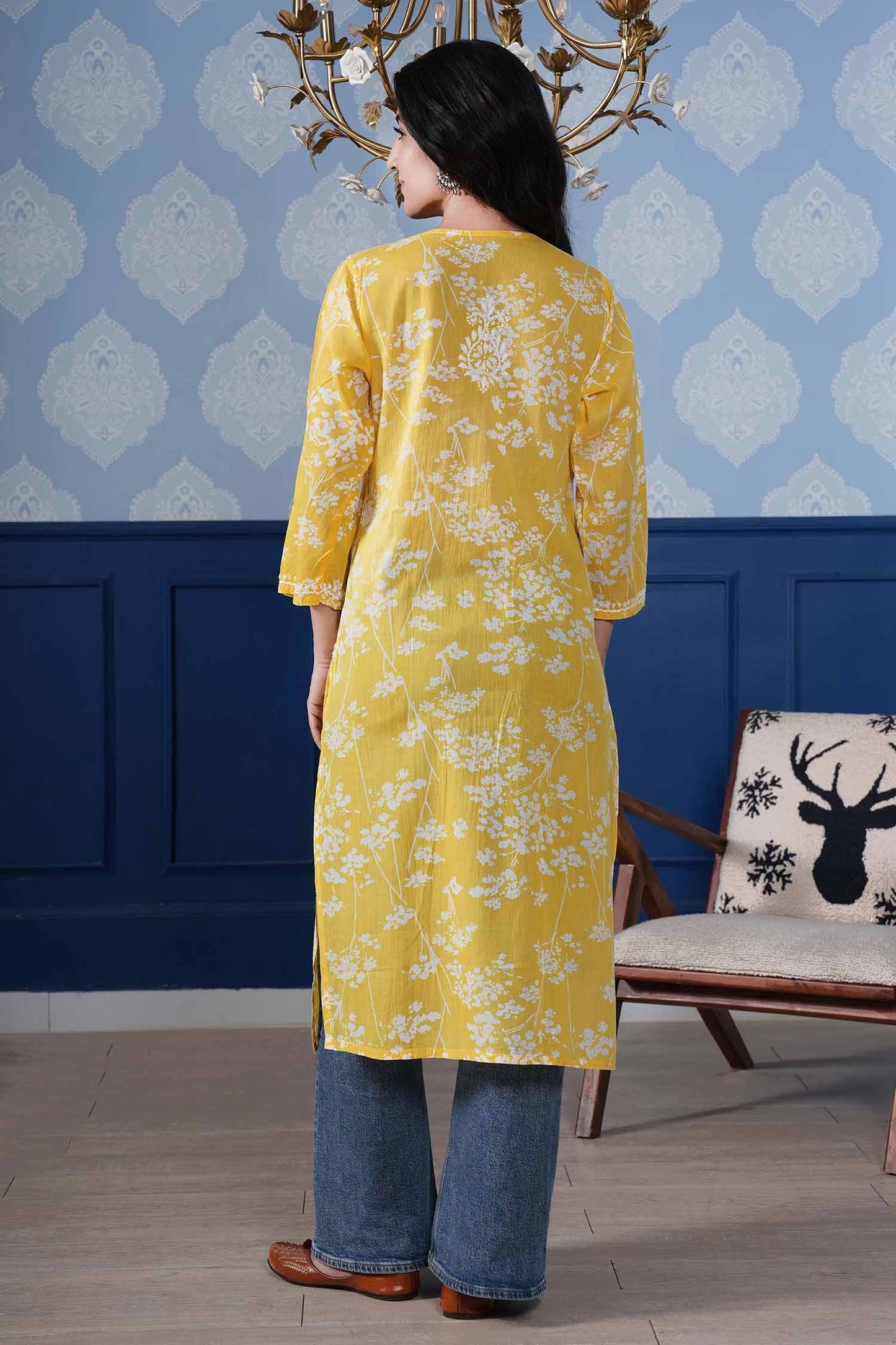 Omya Chikankari Long Kurta – Lemon Yellow