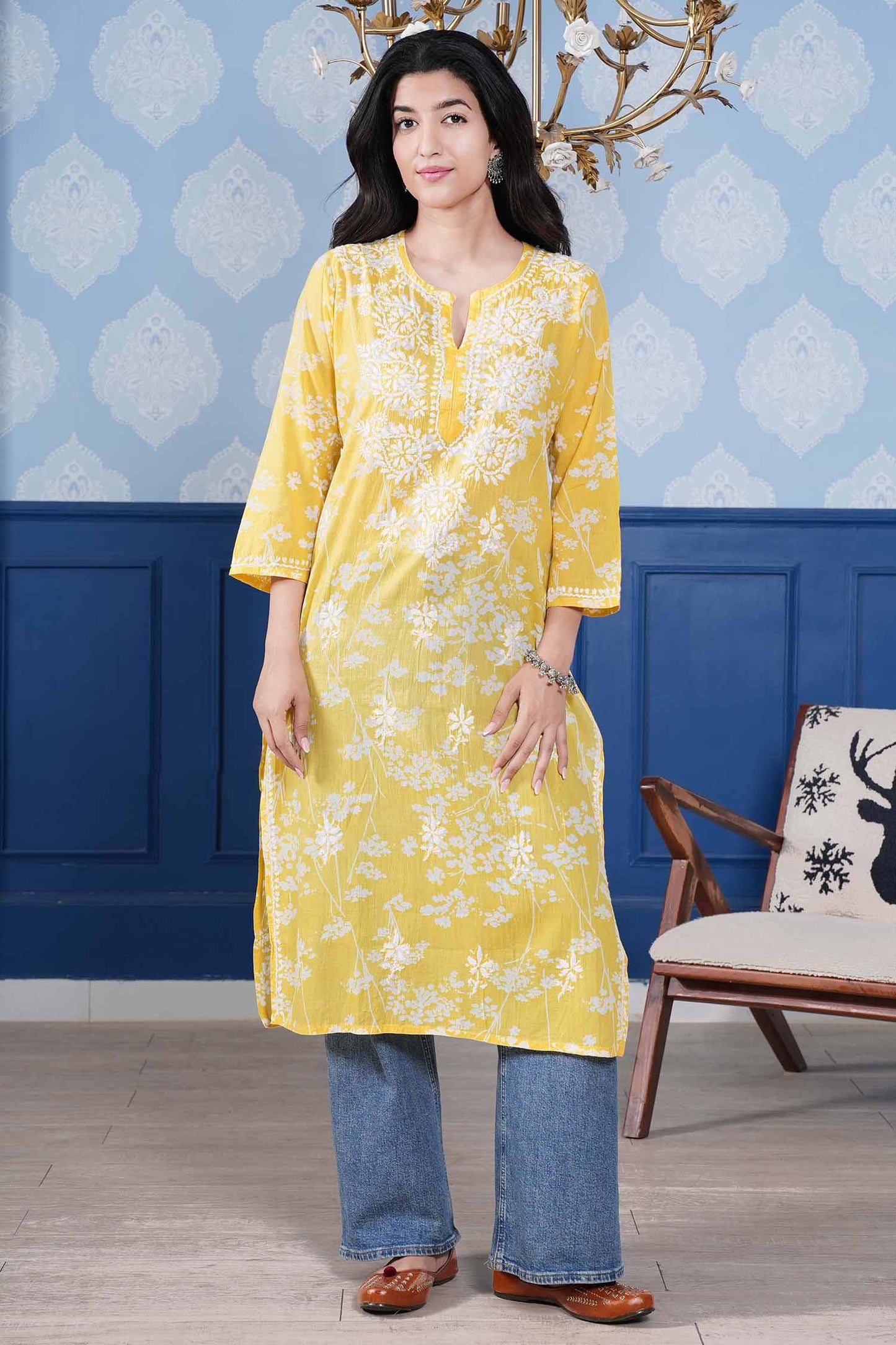 Omya Chikankari Long Kurta – Lemon Yellow