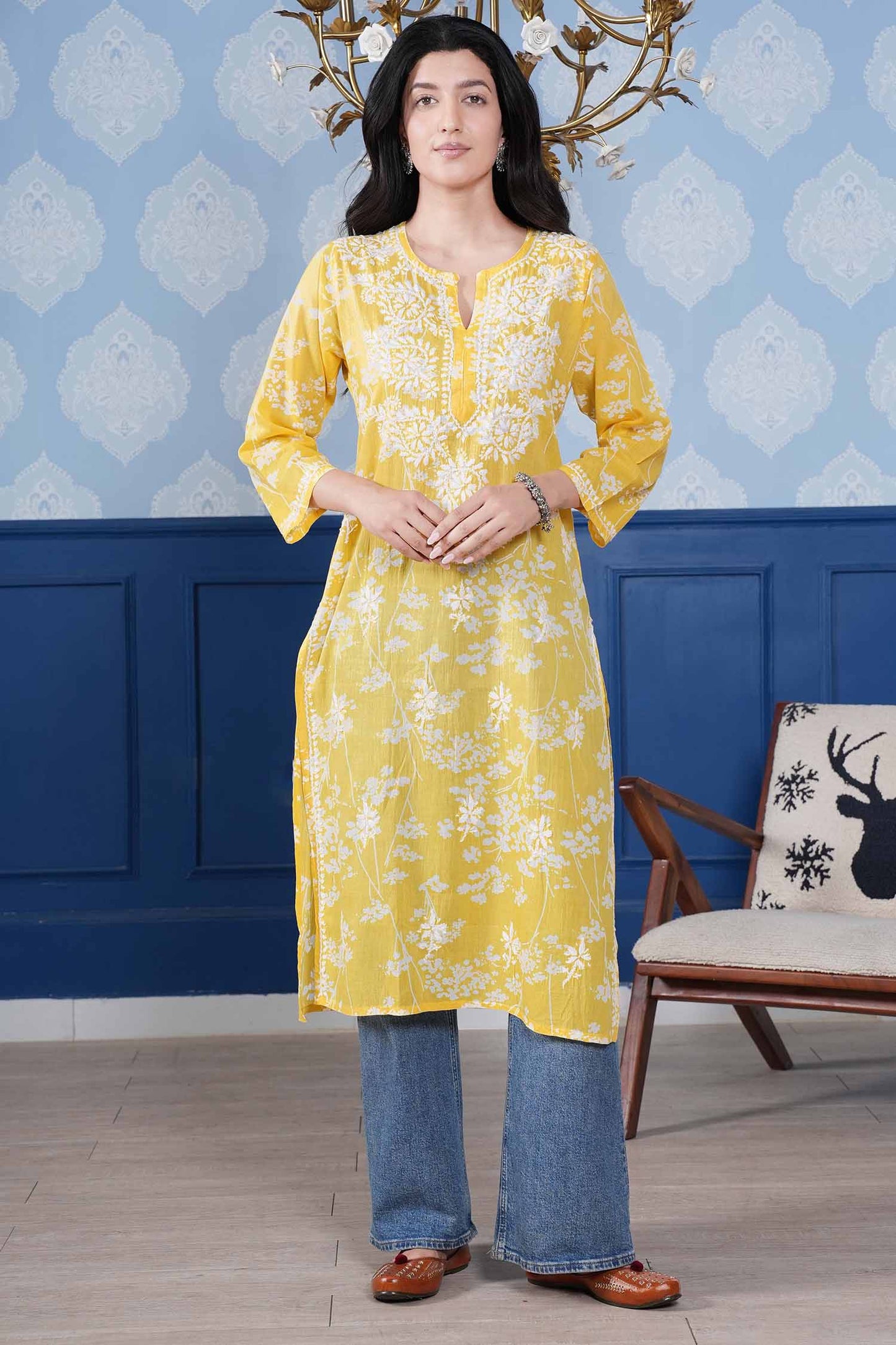 Omya Chikankari Long Kurta – Lemon Yellow