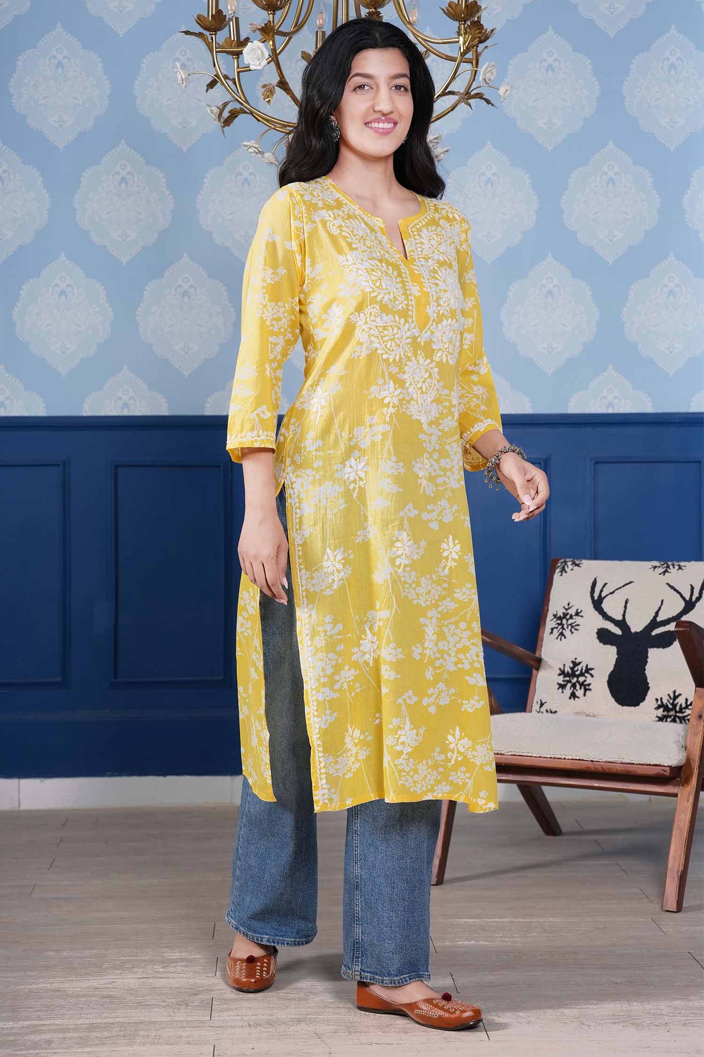 Omya Chikankari Long Kurta – Lemon Yellow