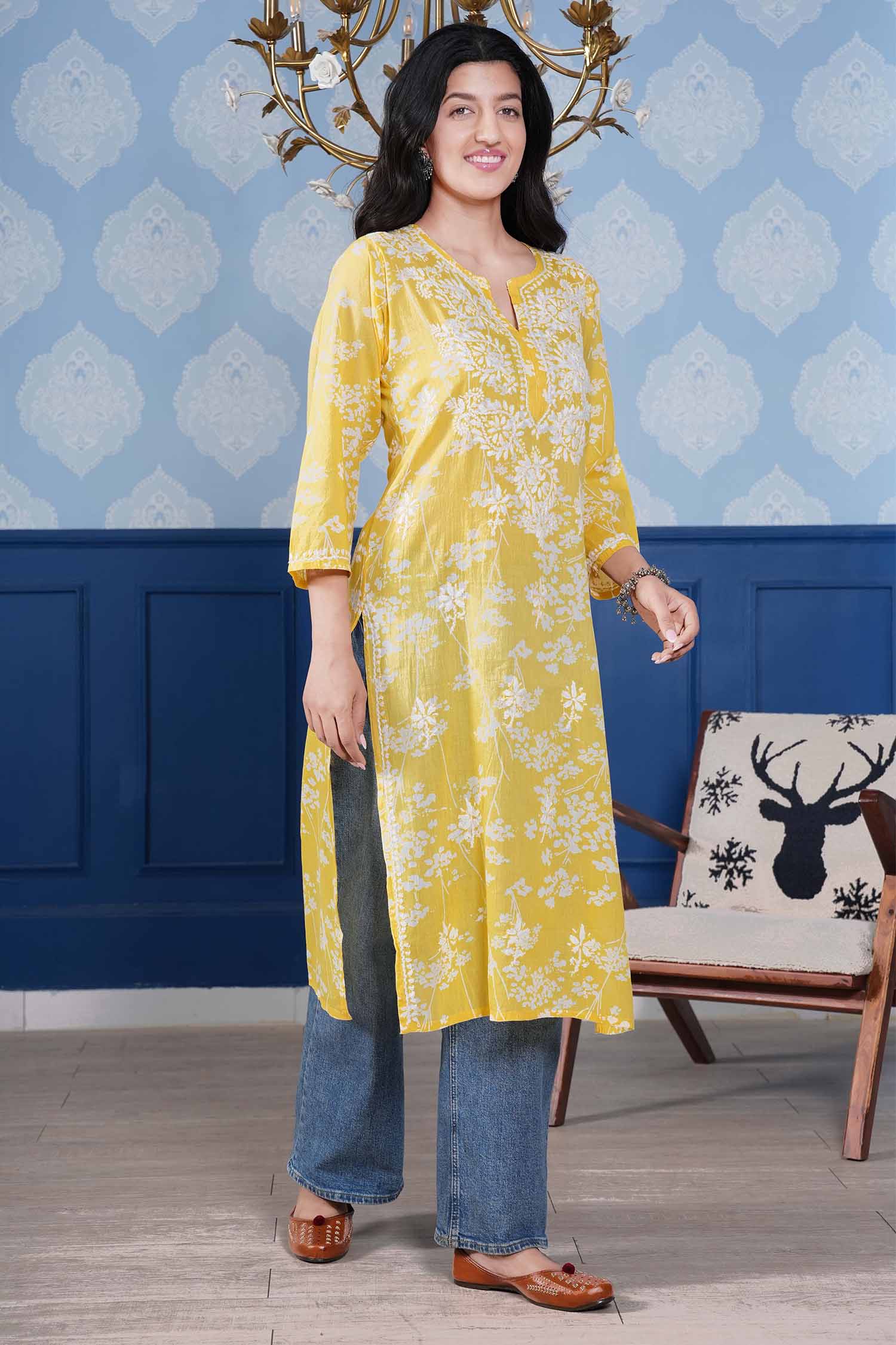 Omya Chikankari Long Kurta – Lemon Yellow