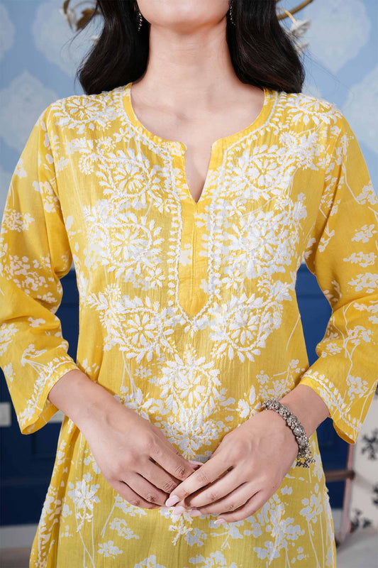 Omya Chikankari Long Kurta – Lemon Yellow