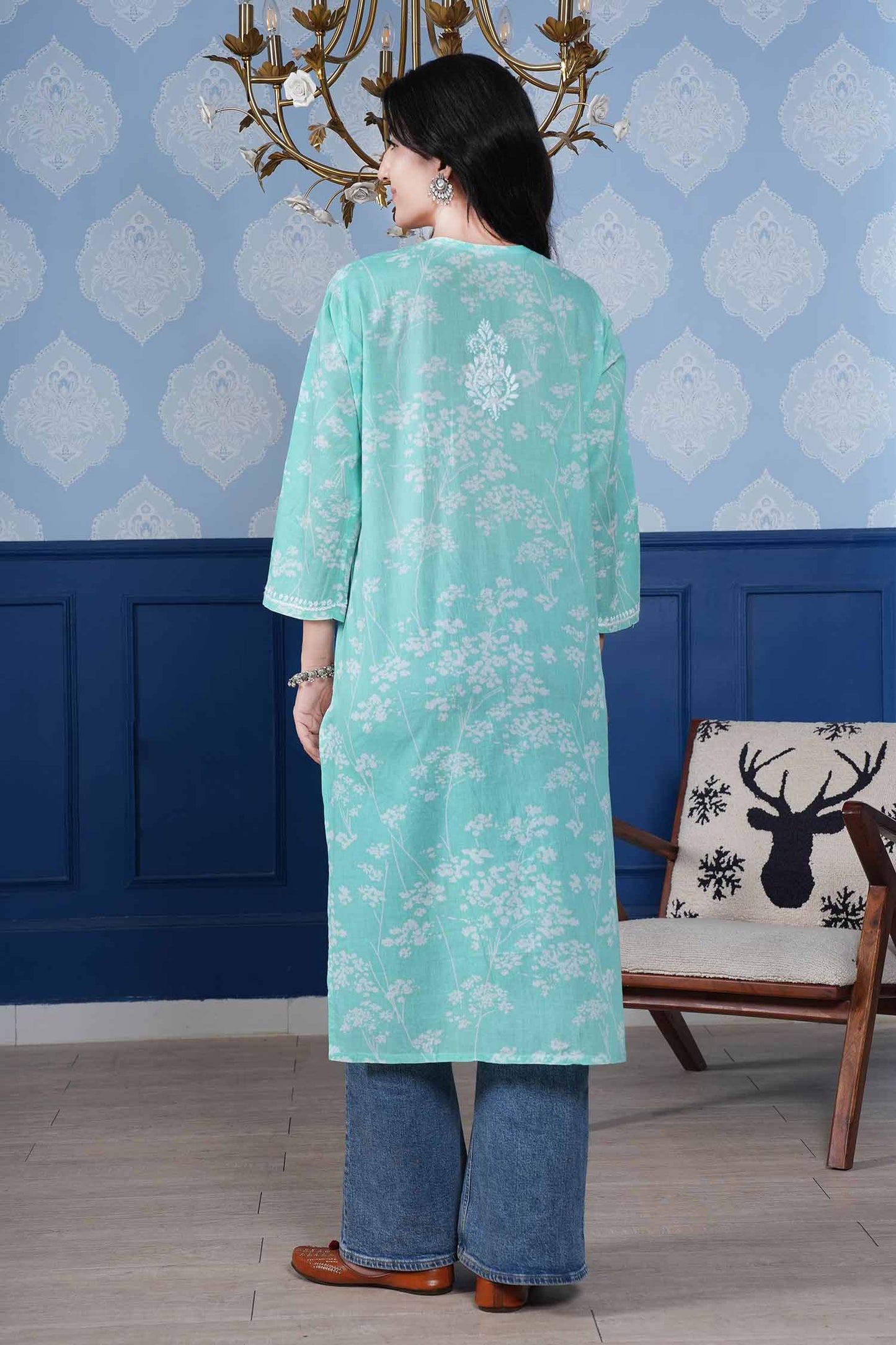 Omya Chikankari Long Kurta – Aqua Blue