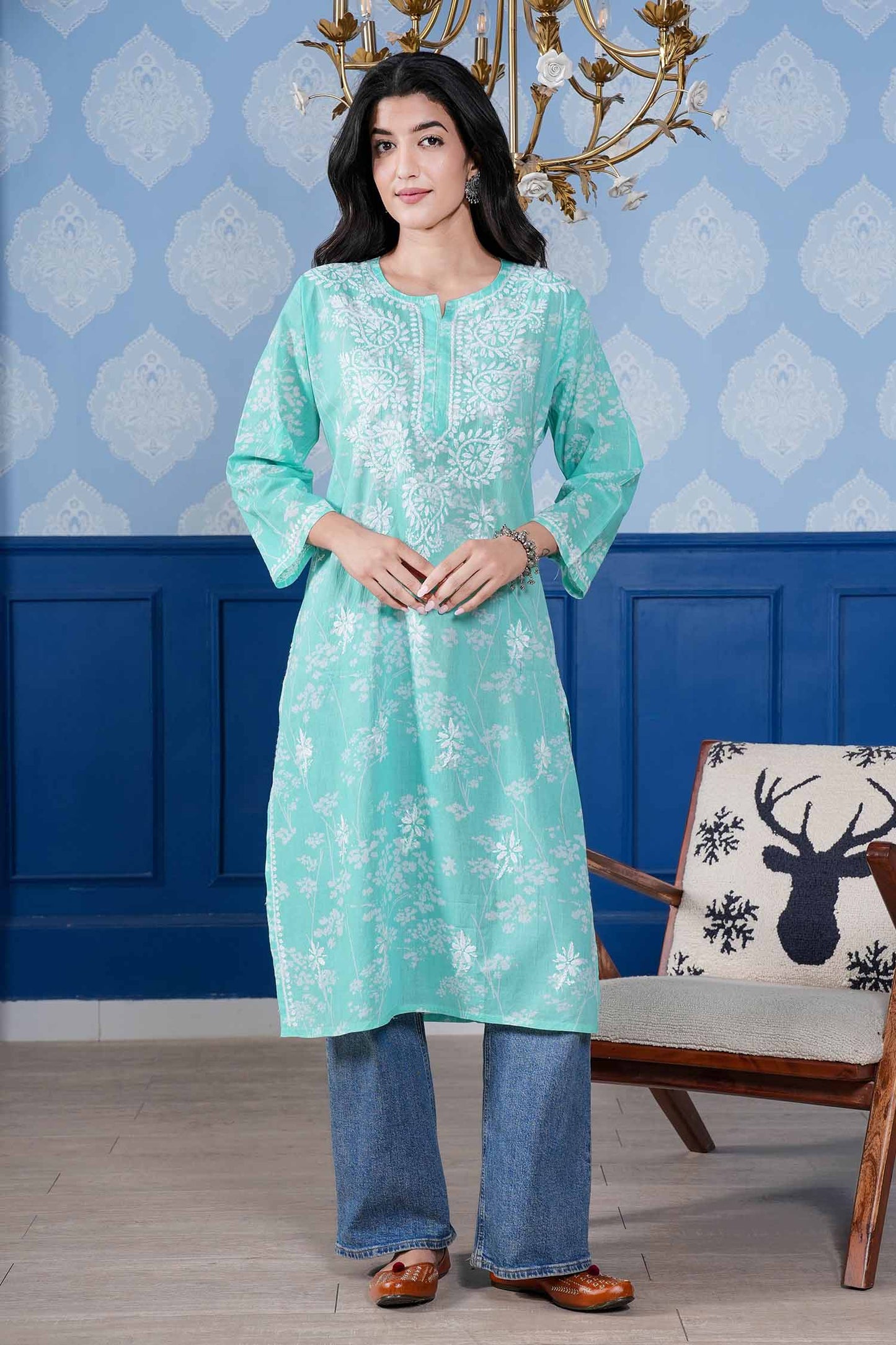 Omya Chikankari Long Kurta – Aqua Blue